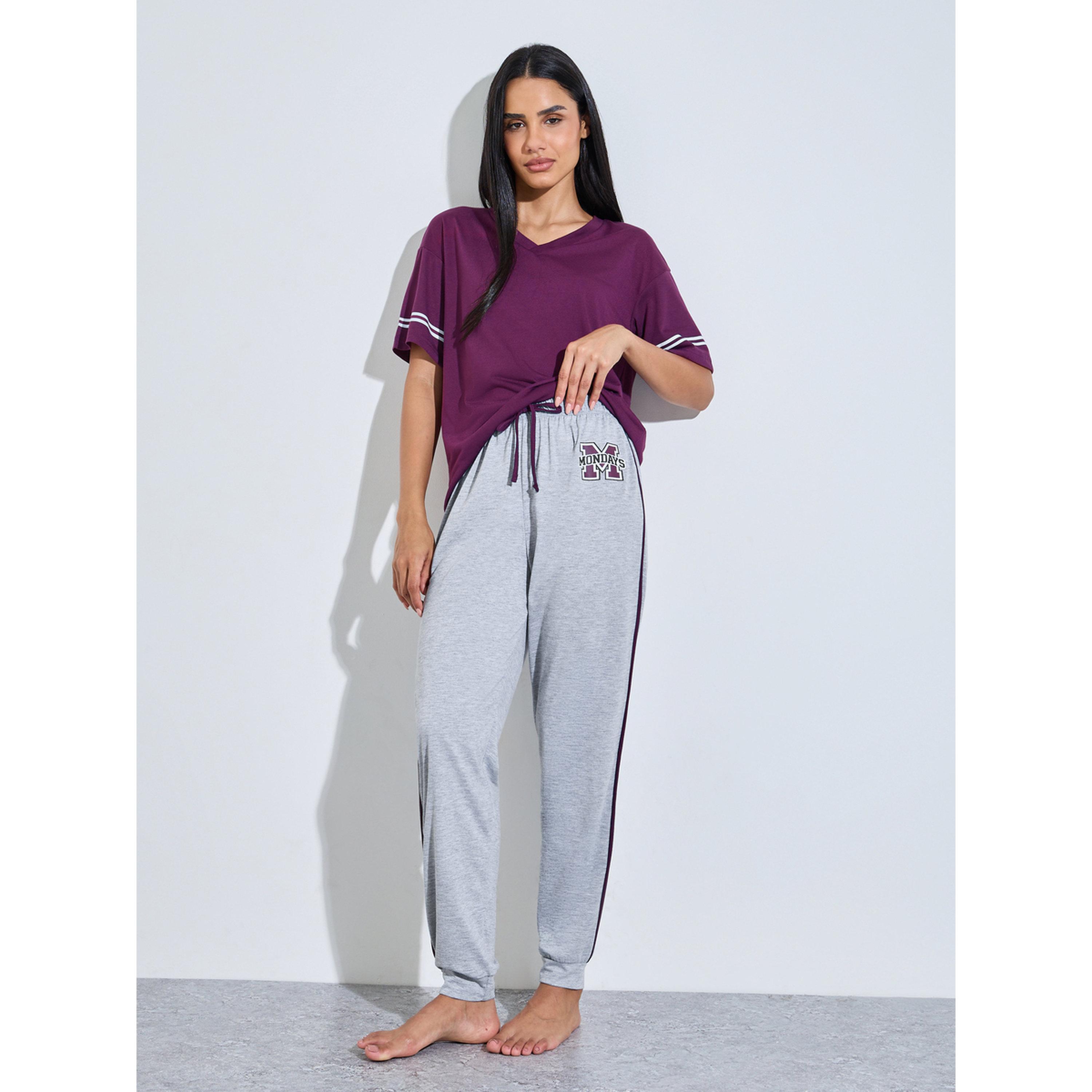 Styli Purple V-Neck T-Shirt and Grey Cuffed Hem Pants Pyjama Set-women-clothing-nightwear-pyjamas-longsets-image-2