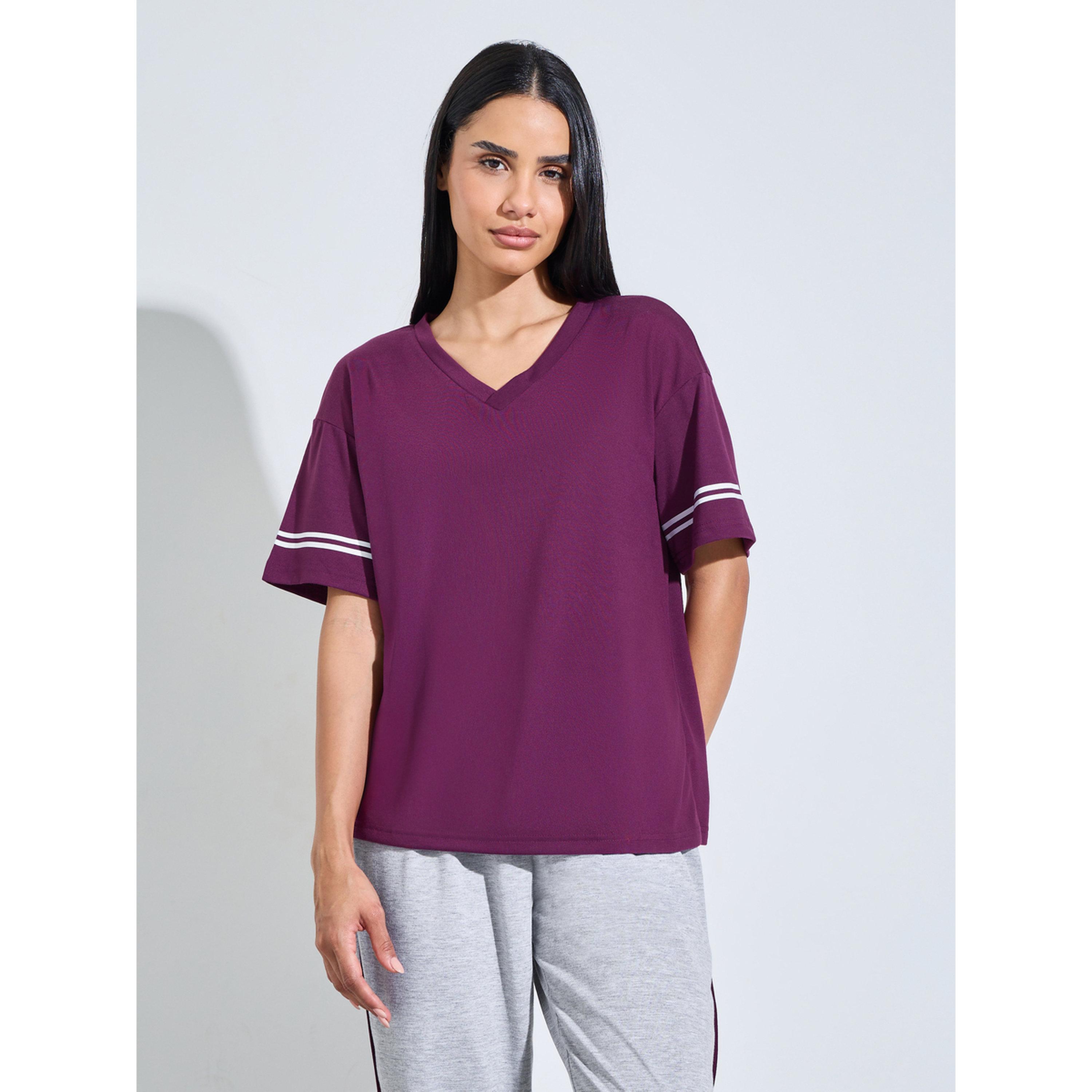 طقم بيجاما من بنطال بأطراف مطاطية وتيشيرت باللونين البنفسجي والرمادي-women-clothing-nightwear-pyjamas-longsets-image-3