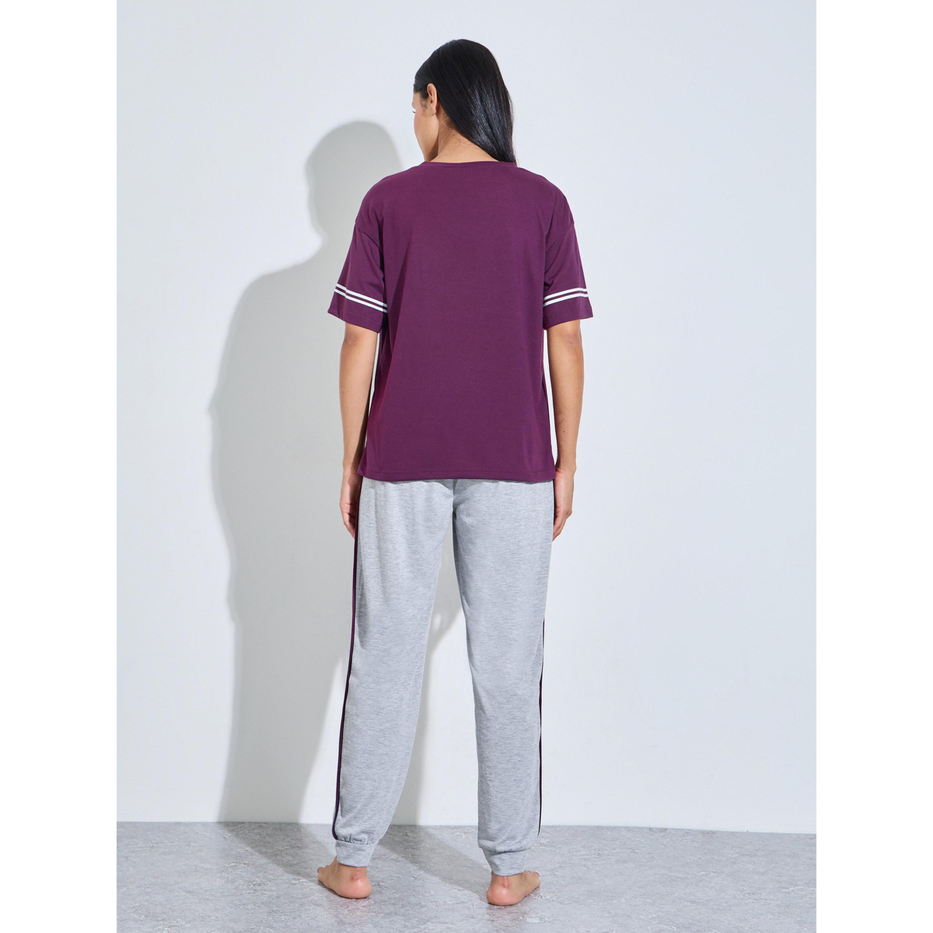 Styli Purple V-Neck T-Shirt and Grey Cuffed Hem Pants Pyjama Set-women-clothing-nightwear-pyjamas-longsets-image-4
