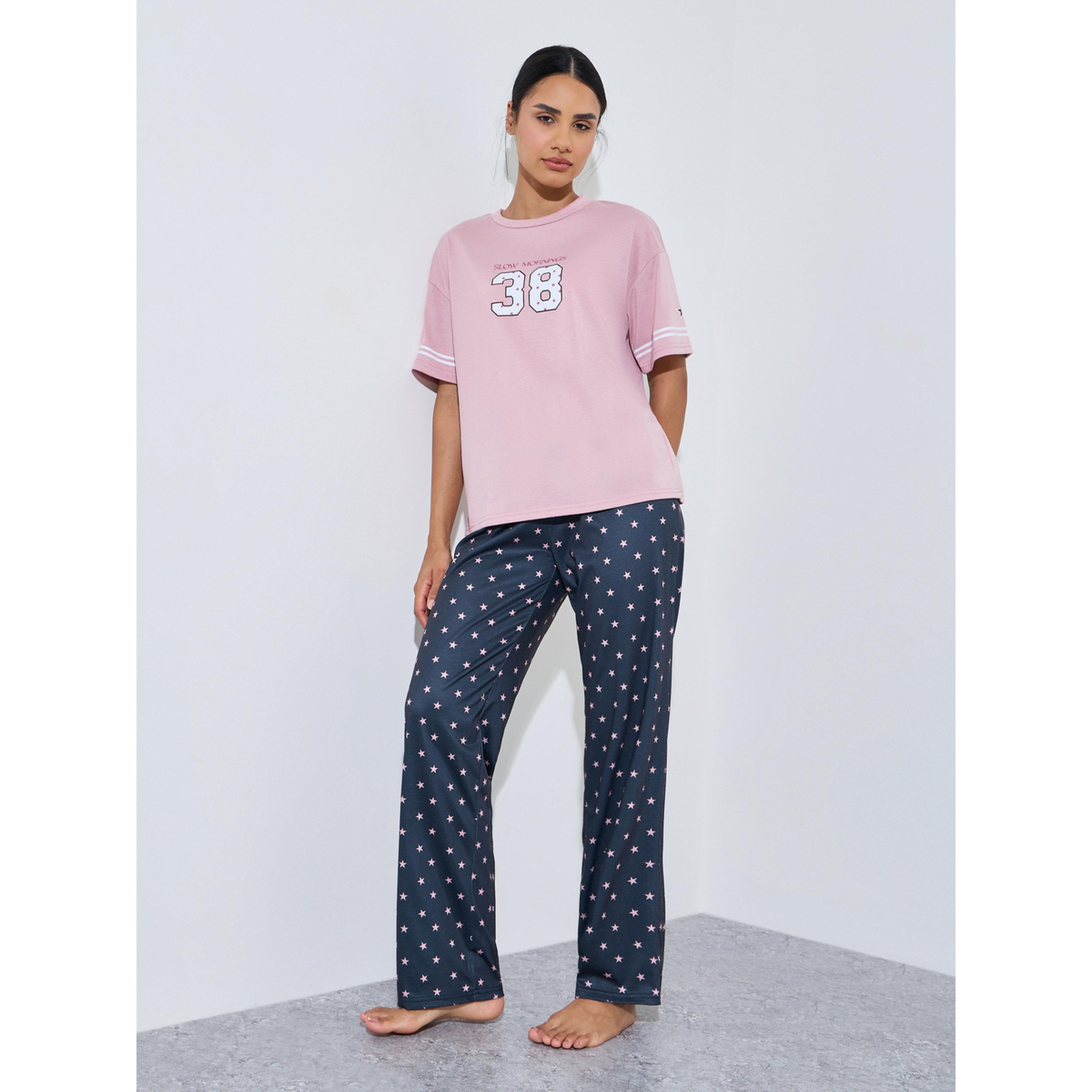 Styli Multi-Color Printed T-Shirt and All Over Star Print Pants Pyjama Set-women-clothing-nightwear-pyjamas-longsets-image-1