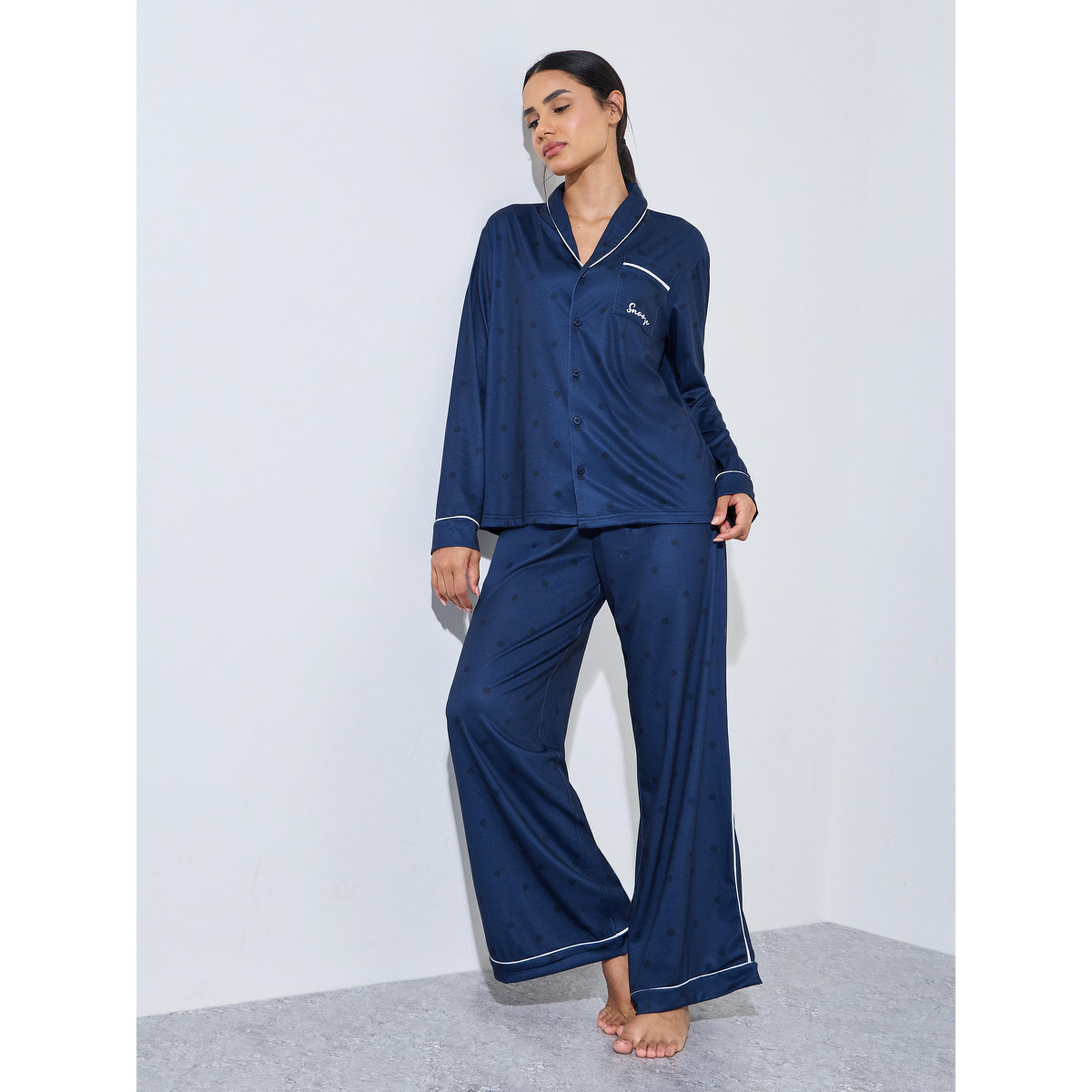 Styli Navy Blue Solid Contrast Piping Shirt and Wide Leg Pants Pyjama Set-women-clothing-nightwear-pyjamas-longsets-image-1