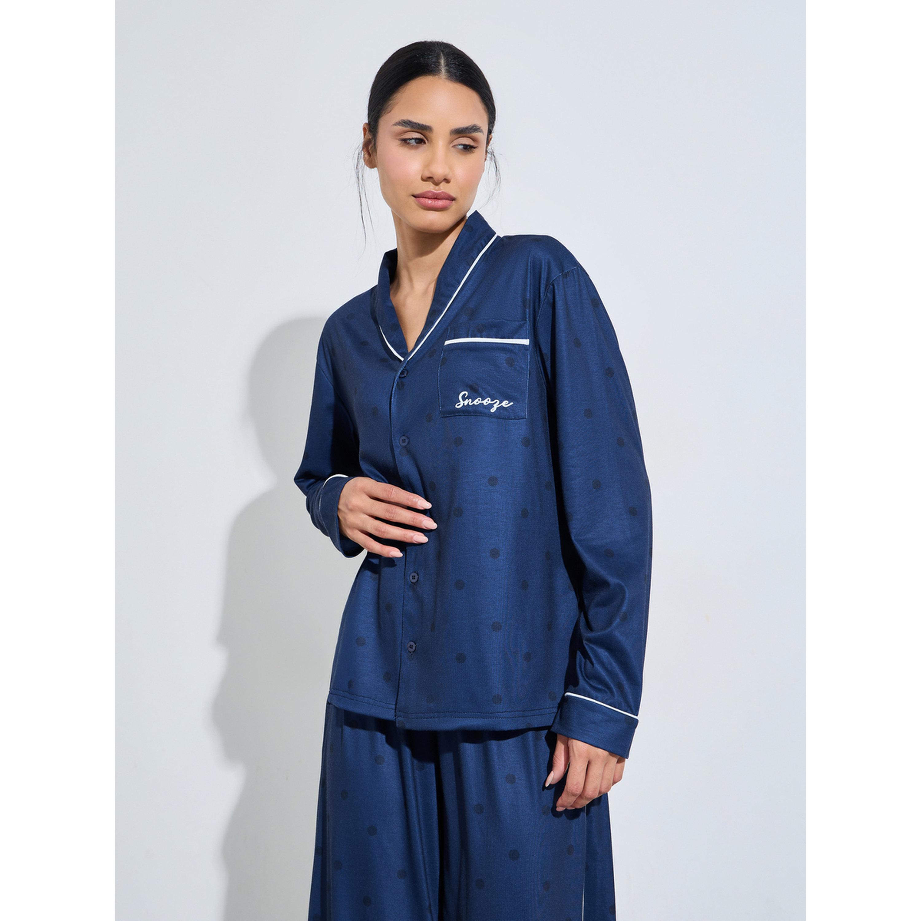 Styli Navy Blue Solid Contrast Piping Shirt and Wide Leg Pants Pyjama Set-women-clothing-nightwear-pyjamas-longsets-image-2