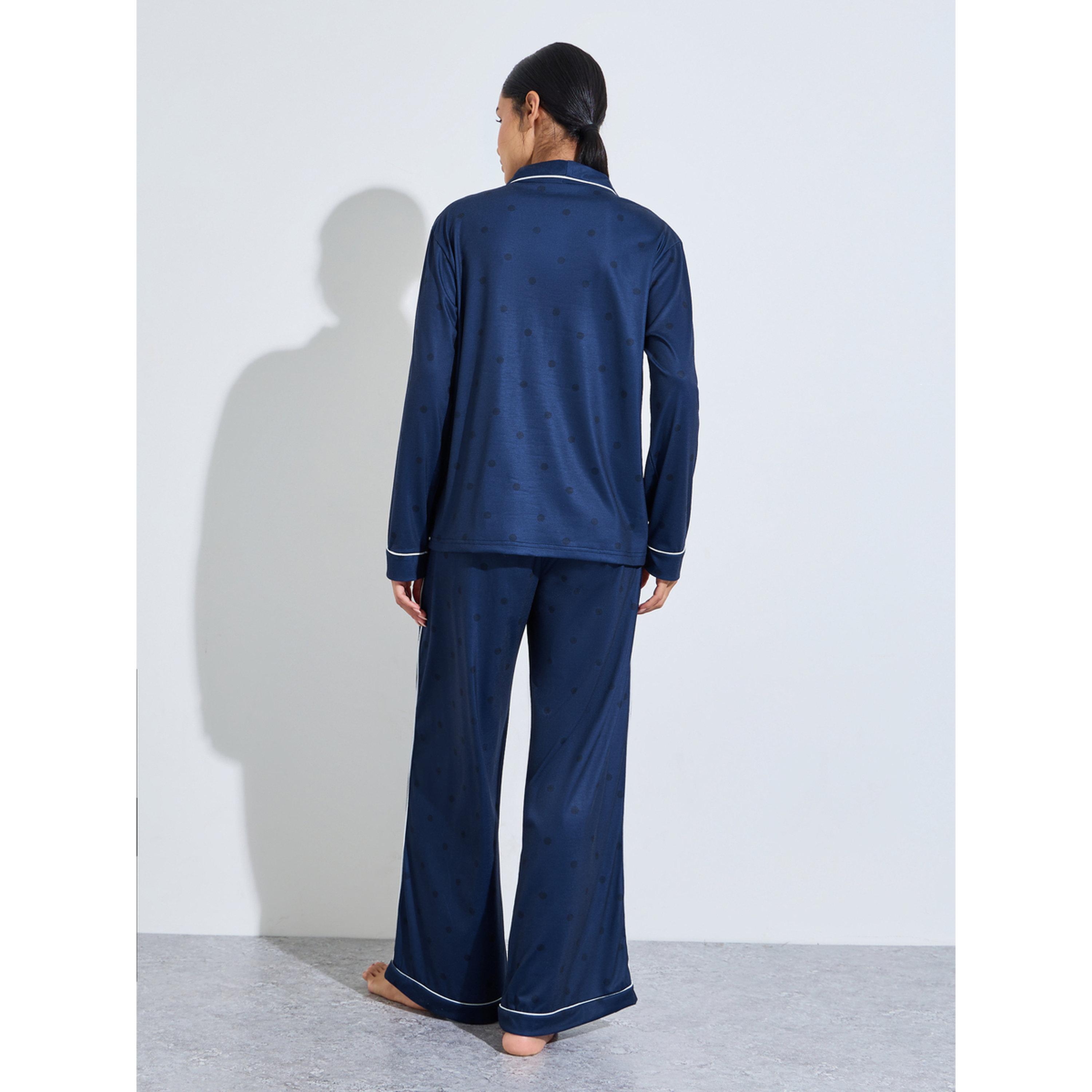 ستايلي - بيجاما أزرق داكن سادة زينة حواف متباينة وبنطال واسع الساقين-women-clothing-nightwear-pyjamas-longsets-image-3