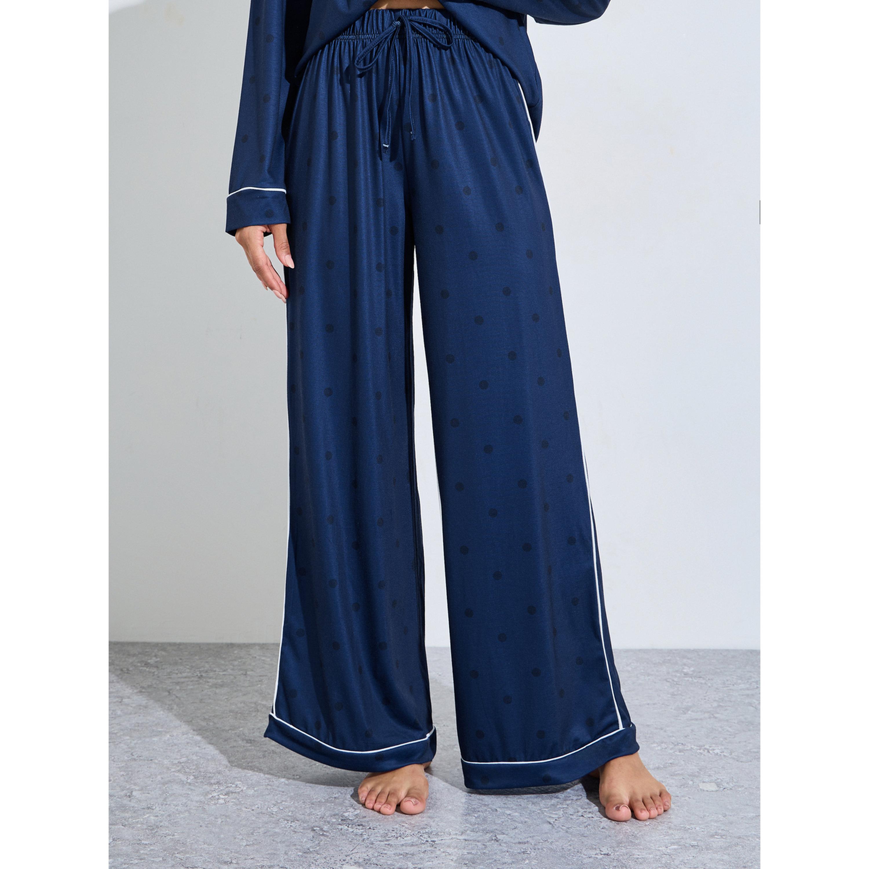 Styli Navy Blue Solid Contrast Piping Shirt and Wide Leg Pants Pyjama Set-women-clothing-nightwear-pyjamas-longsets-image-4