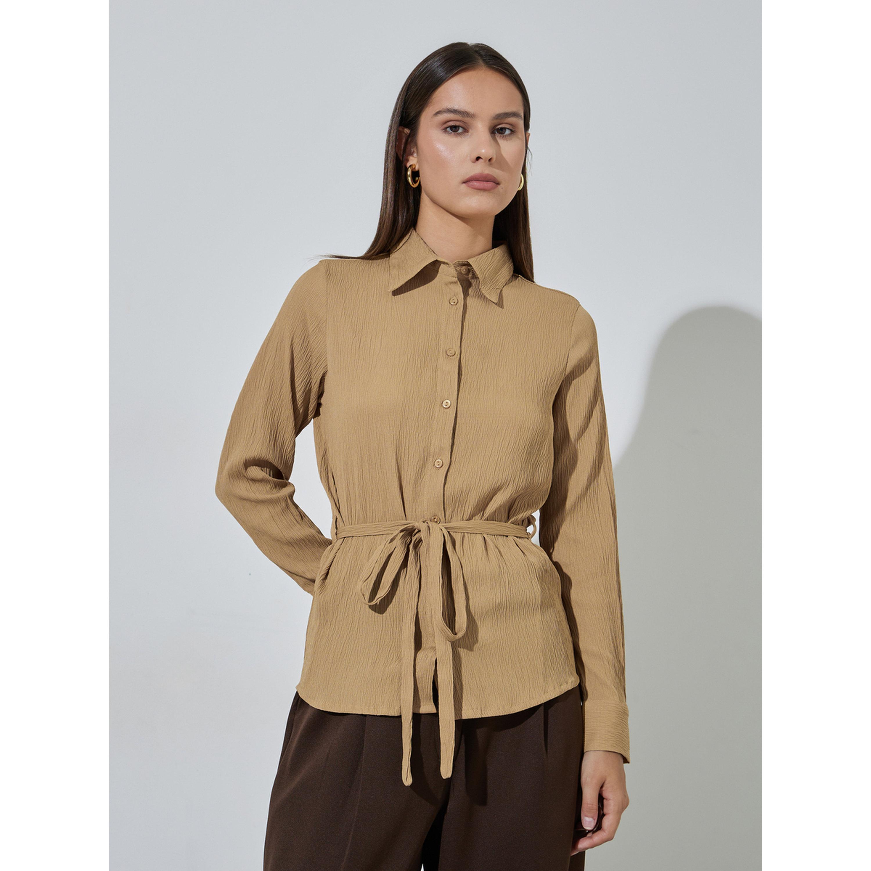 Styli Beige Solid Tie-Up Waist Long Sleeves Regular Fit Shirt-women-clothing-shirtsandblouses-shirts-image-1