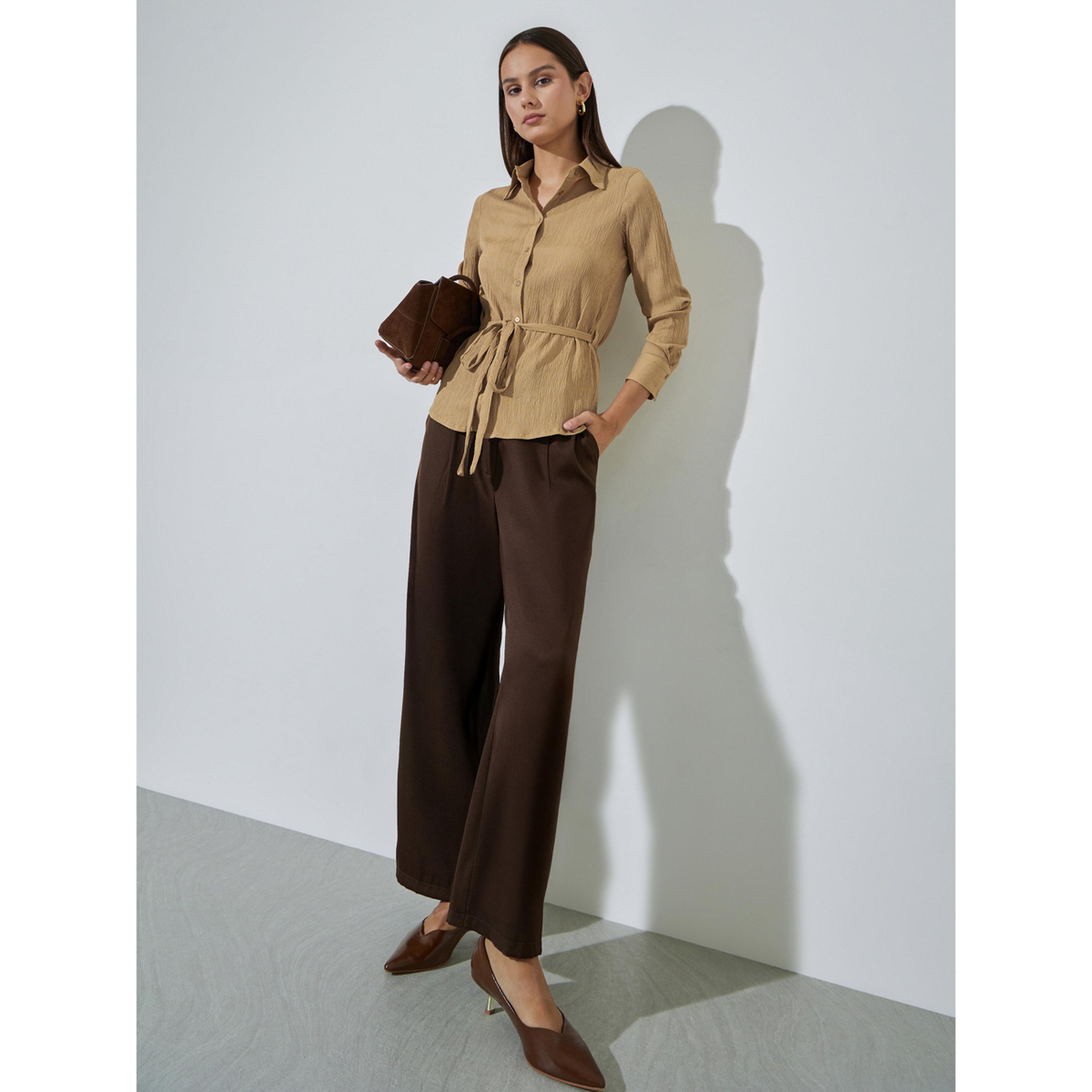 Styli Beige Solid Tie-Up Waist Long Sleeves Regular Fit Shirt-women-clothing-shirtsandblouses-shirts-image-2