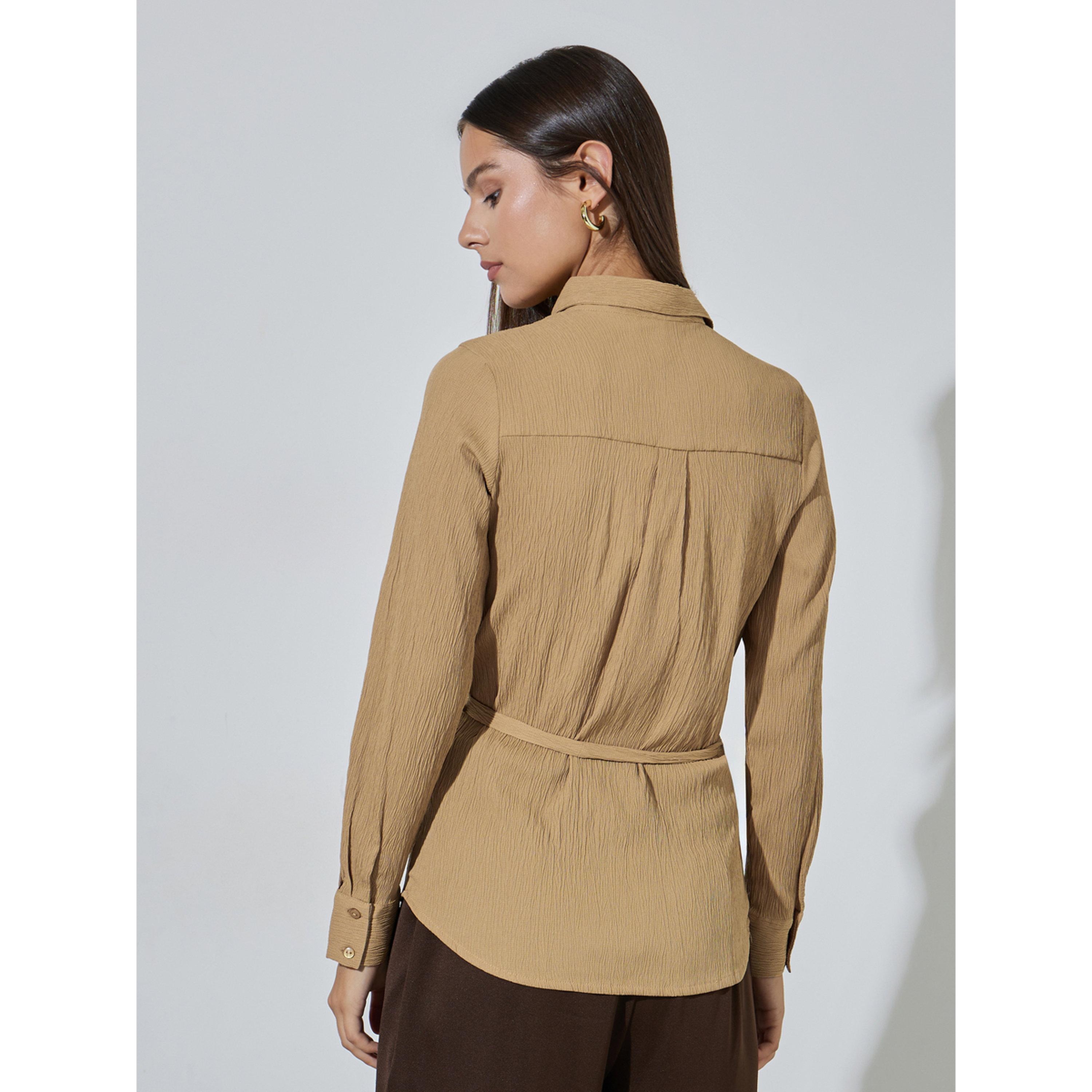 Styli Beige Solid Tie-Up Waist Long Sleeves Regular Fit Shirt-women-clothing-shirtsandblouses-shirts-image-3