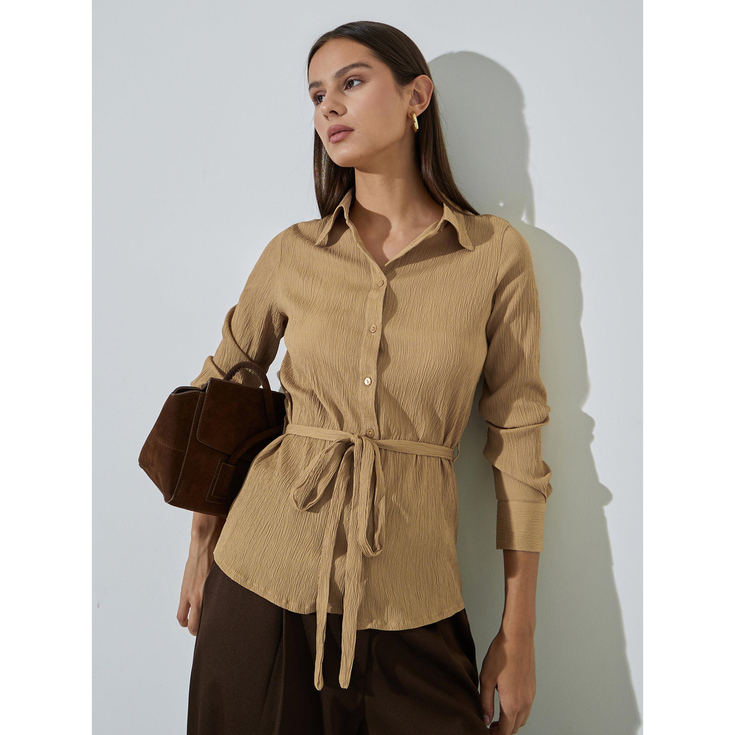 Styli Beige Solid Tie-Up Waist Long Sleeves Regular Fit Shirt-women-clothing-shirtsandblouses-shirts-image-4