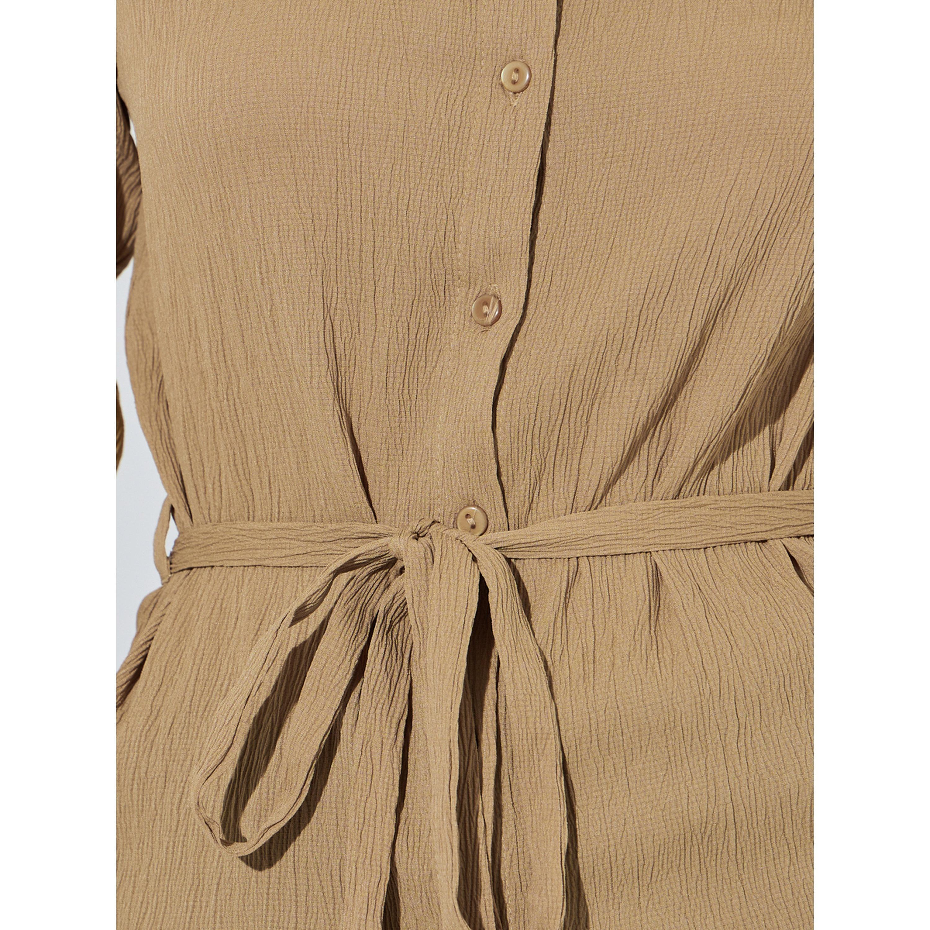 Styli Beige Solid Tie-Up Waist Long Sleeves Regular Fit Shirt-women-clothing-shirtsandblouses-shirts-image-5