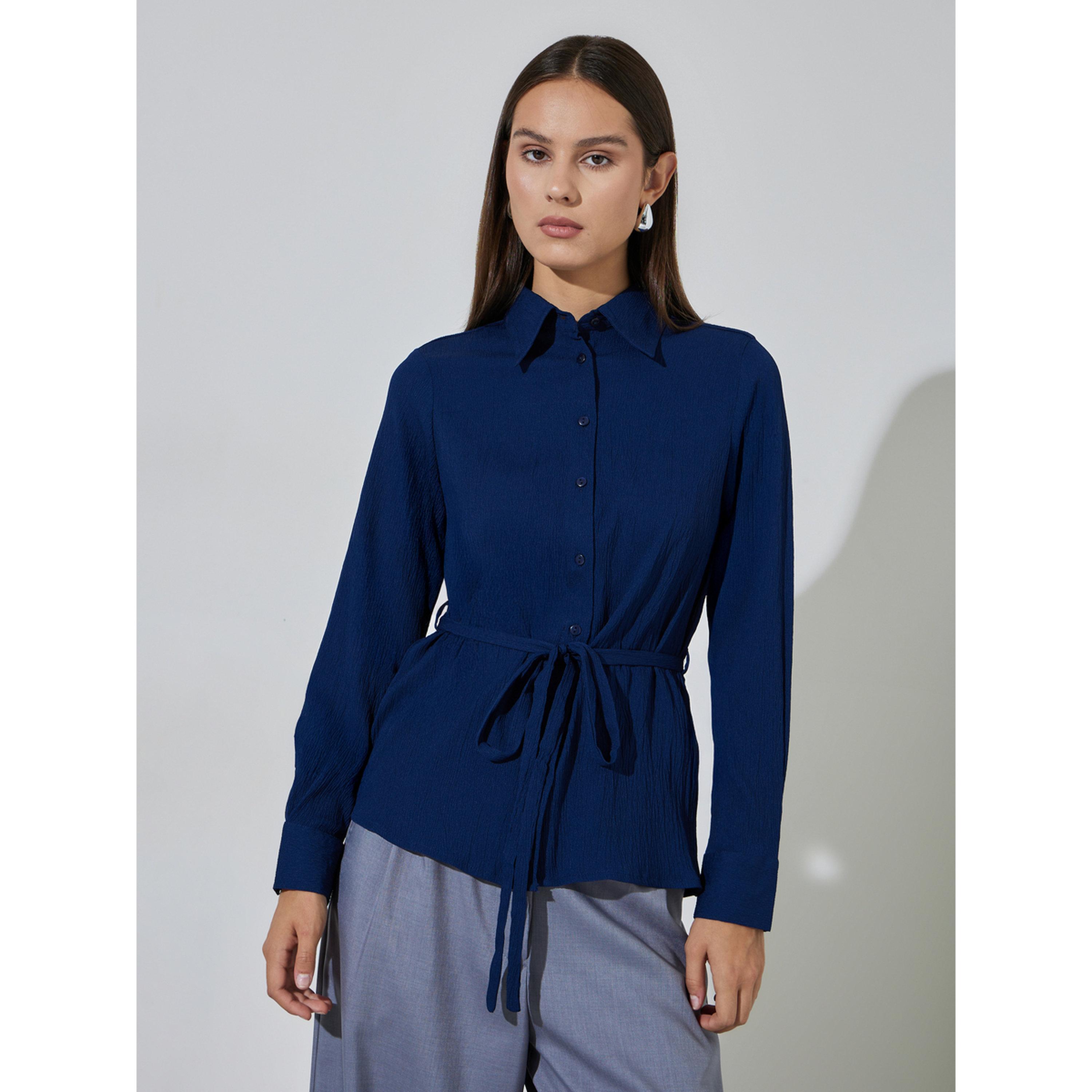 Styli Navy Blue Solid Tie-Up Waist Long Sleeves Regular Fit Shirt-women-clothing-shirtsandblouses-shirts-image-1