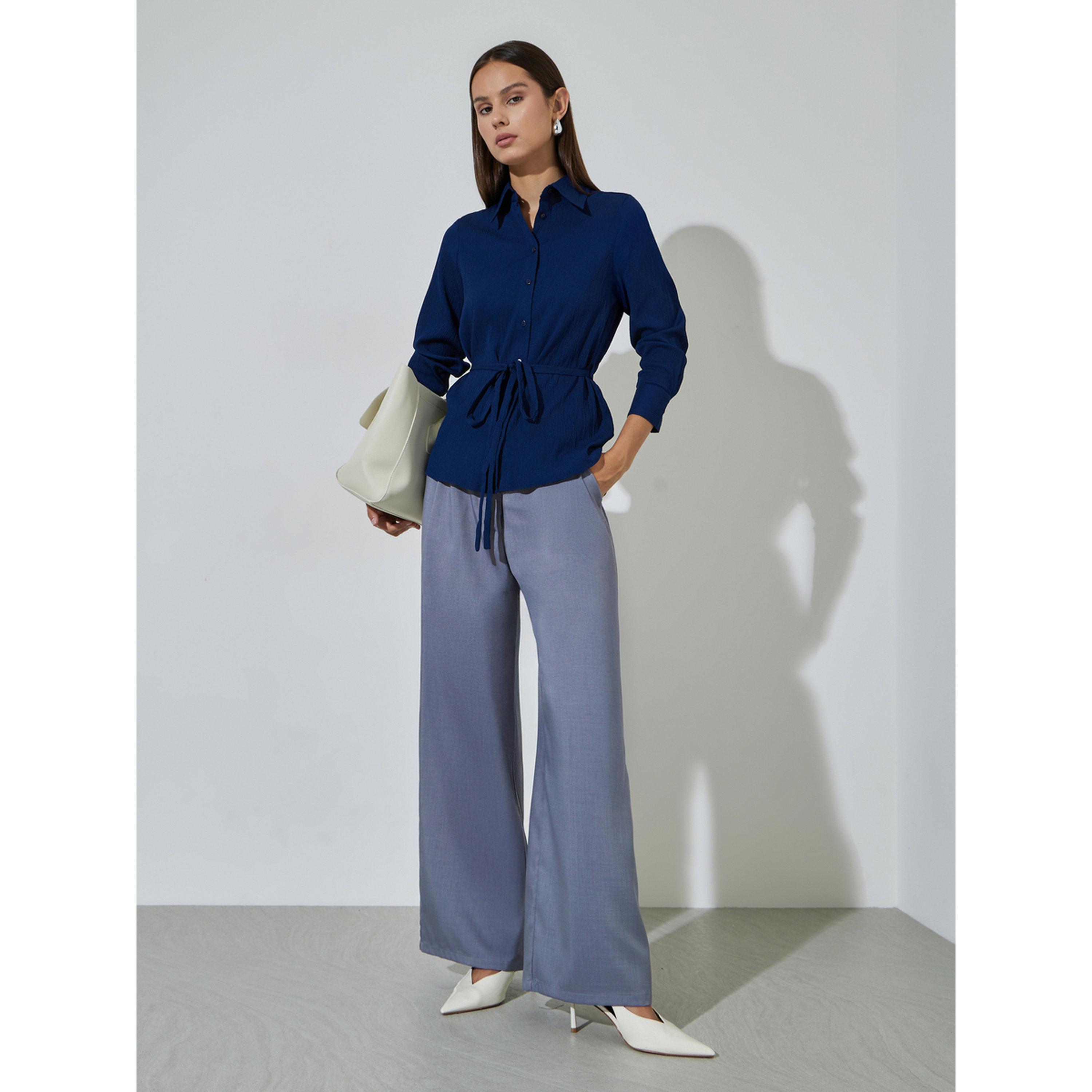 Styli Navy Blue Solid Tie-Up Waist Long Sleeves Regular Fit Shirt-women-clothing-shirtsandblouses-shirts-image-2
