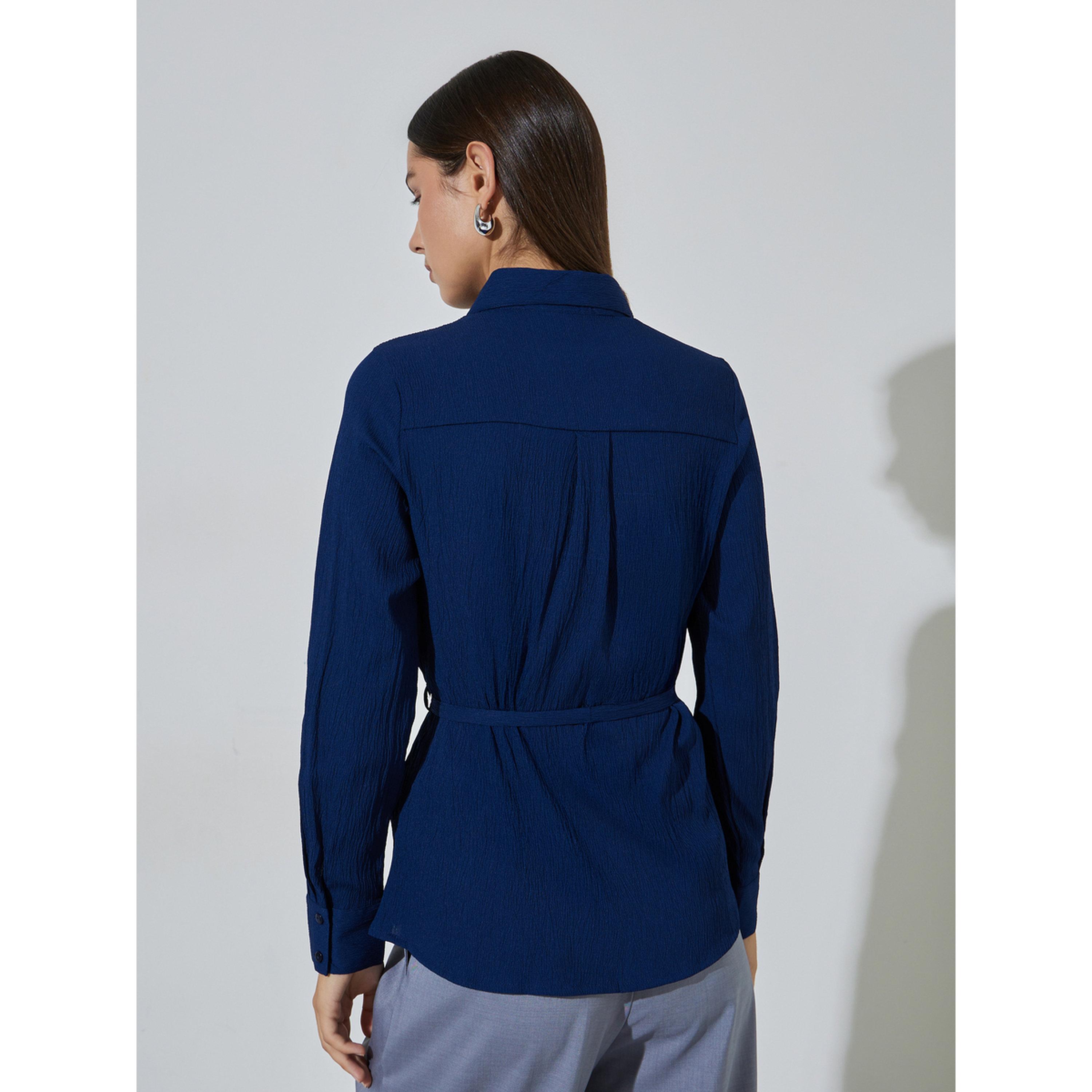 Styli Navy Blue Solid Tie-Up Waist Long Sleeves Regular Fit Shirt-women-clothing-shirtsandblouses-shirts-image-3
