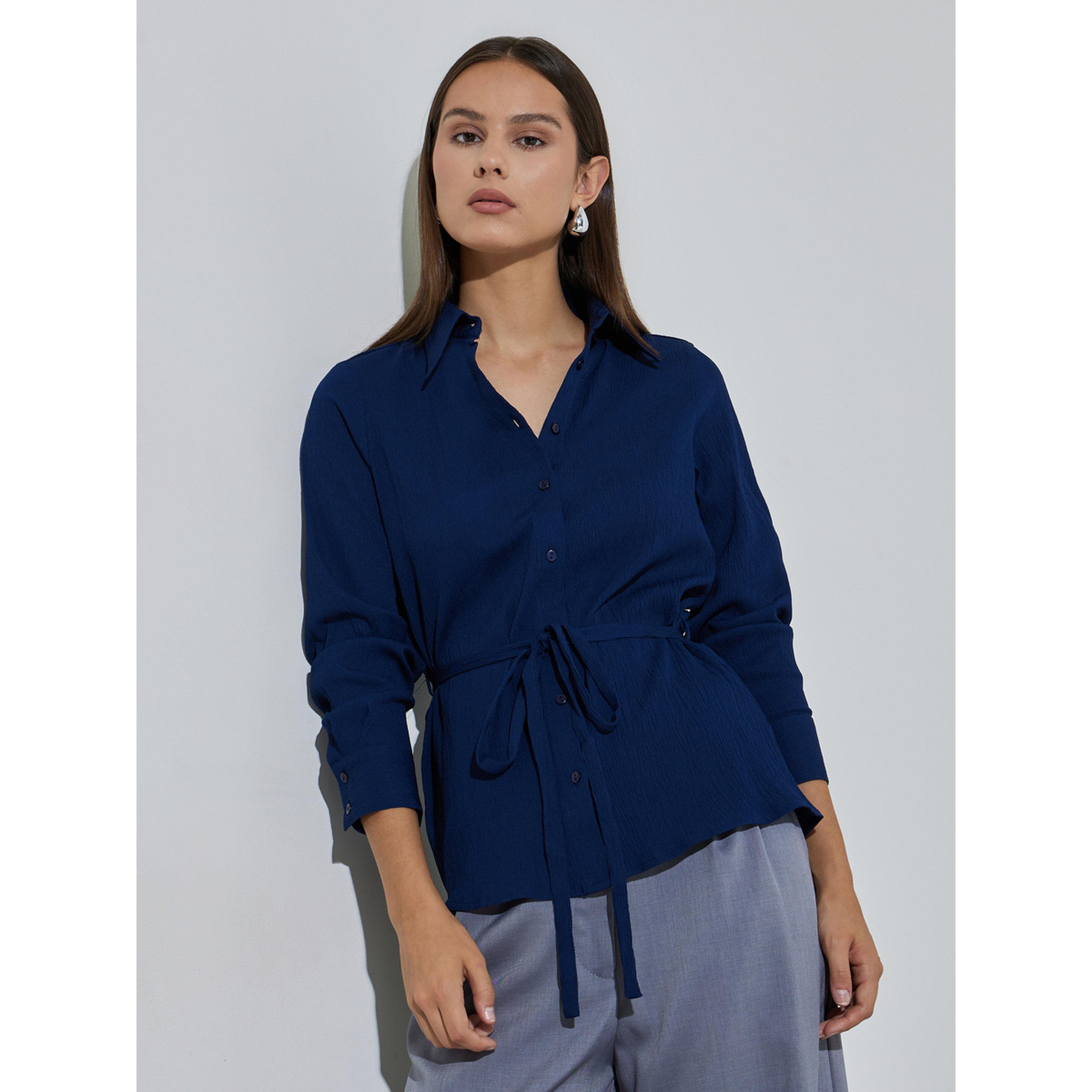 Styli Navy Blue Solid Tie-Up Waist Long Sleeves Regular Fit Shirt-women-clothing-shirtsandblouses-shirts-image-4