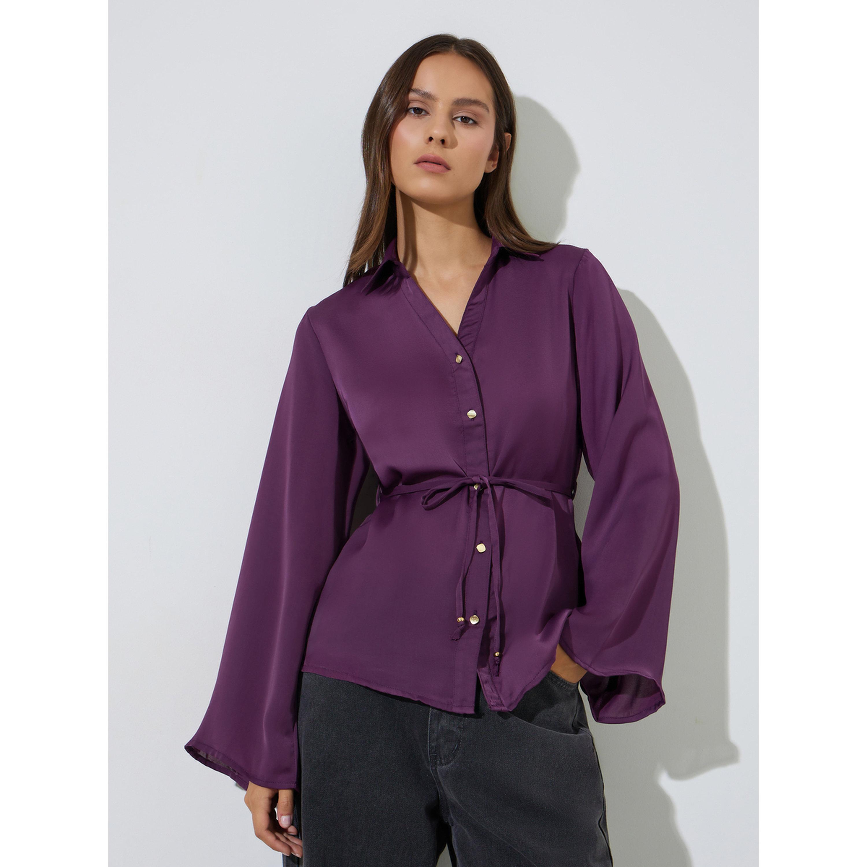 ستايلي - بلوزة بنفسجية سادة بأكمام طويلة واسعة وربطة خصر-women-clothing-shirtsandblouses-blouses-image-1