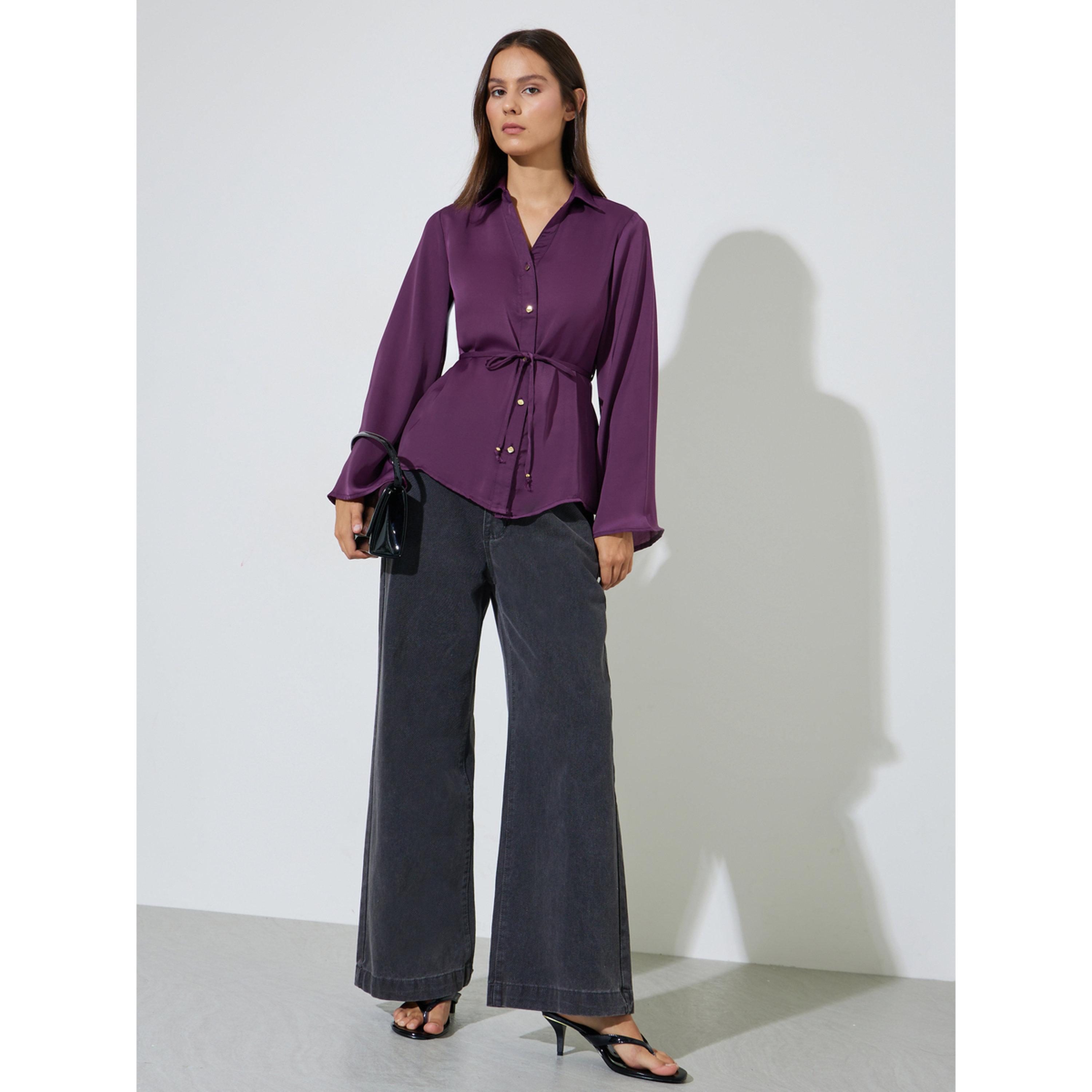 ستايلي - بلوزة بنفسجية سادة بأكمام طويلة واسعة وربطة خصر-women-clothing-shirtsandblouses-blouses-image-2