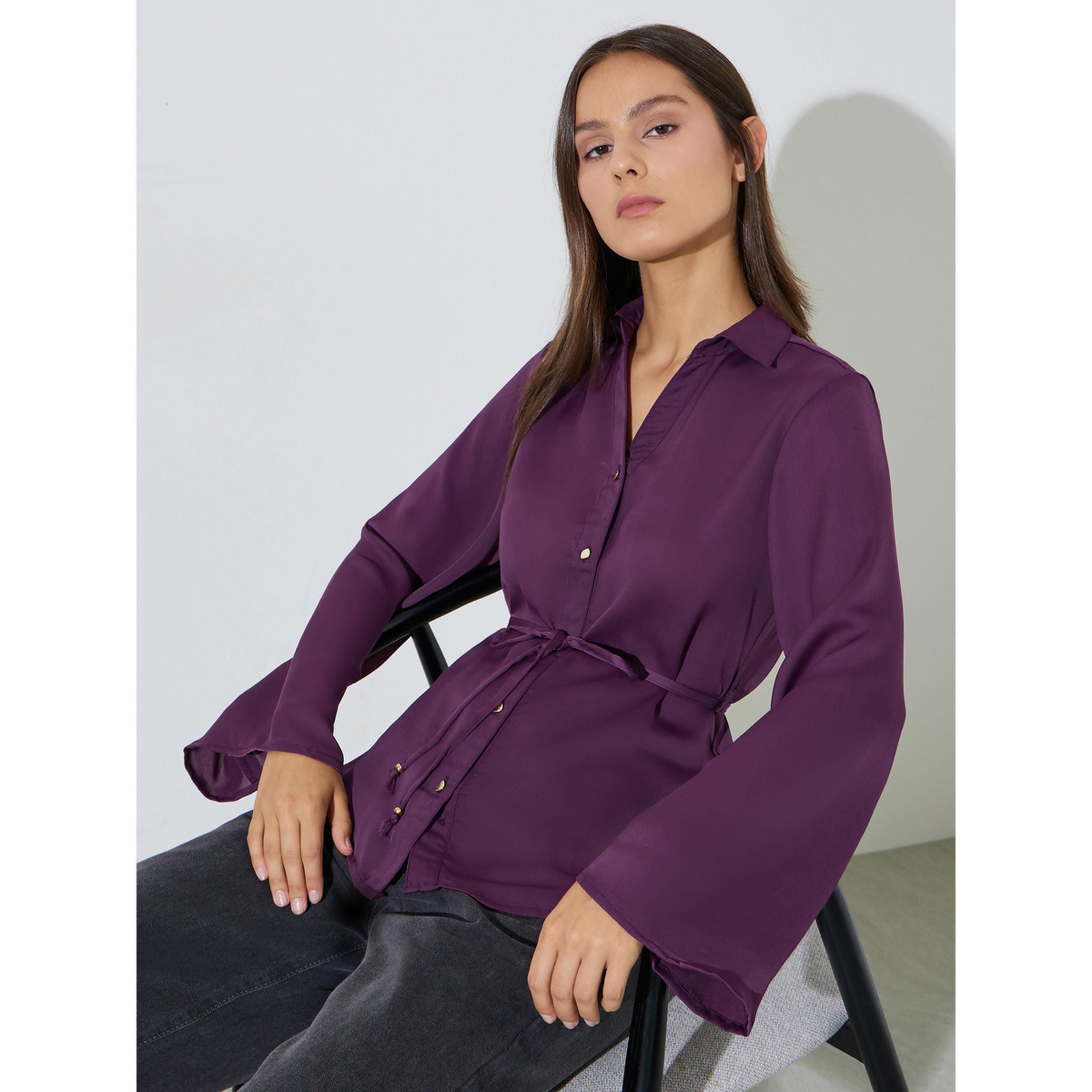 ستايلي - بلوزة بنفسجية سادة بأكمام طويلة واسعة وربطة خصر-women-clothing-shirtsandblouses-blouses-image-3
