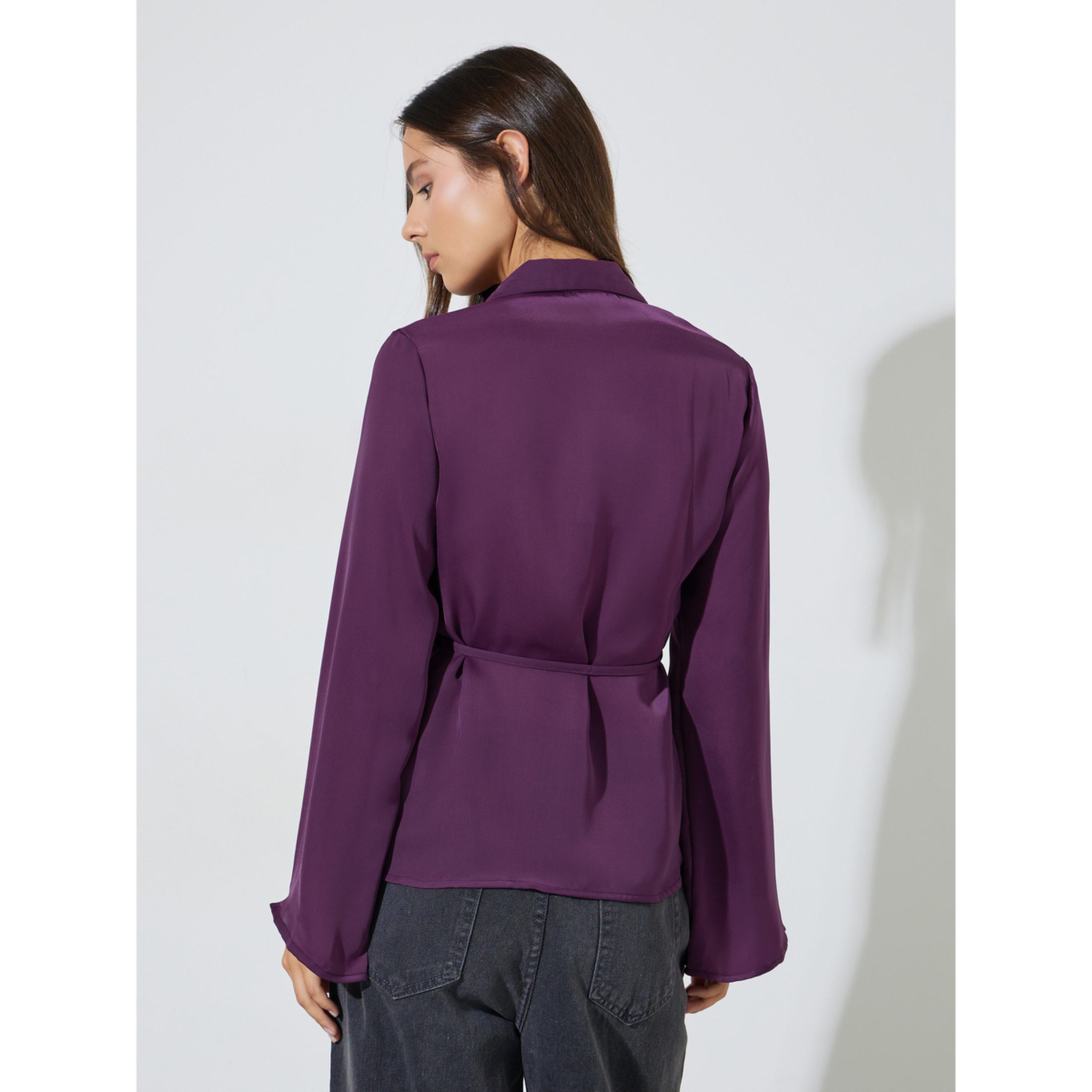 ستايلي - بلوزة بنفسجية سادة بأكمام طويلة واسعة وربطة خصر-women-clothing-shirtsandblouses-blouses-image-4