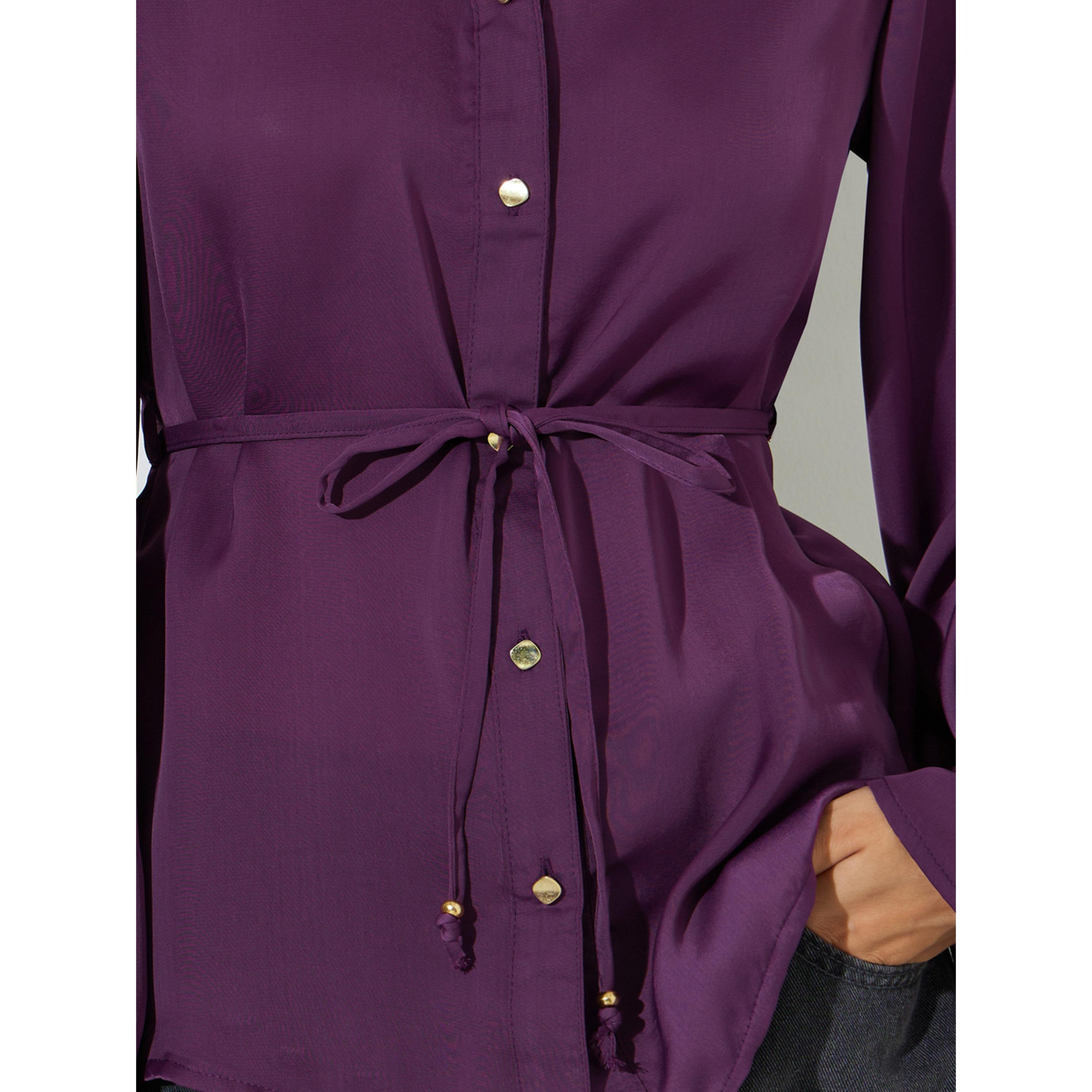 ستايلي - بلوزة بنفسجية سادة بأكمام طويلة واسعة وربطة خصر-women-clothing-shirtsandblouses-blouses-image-5