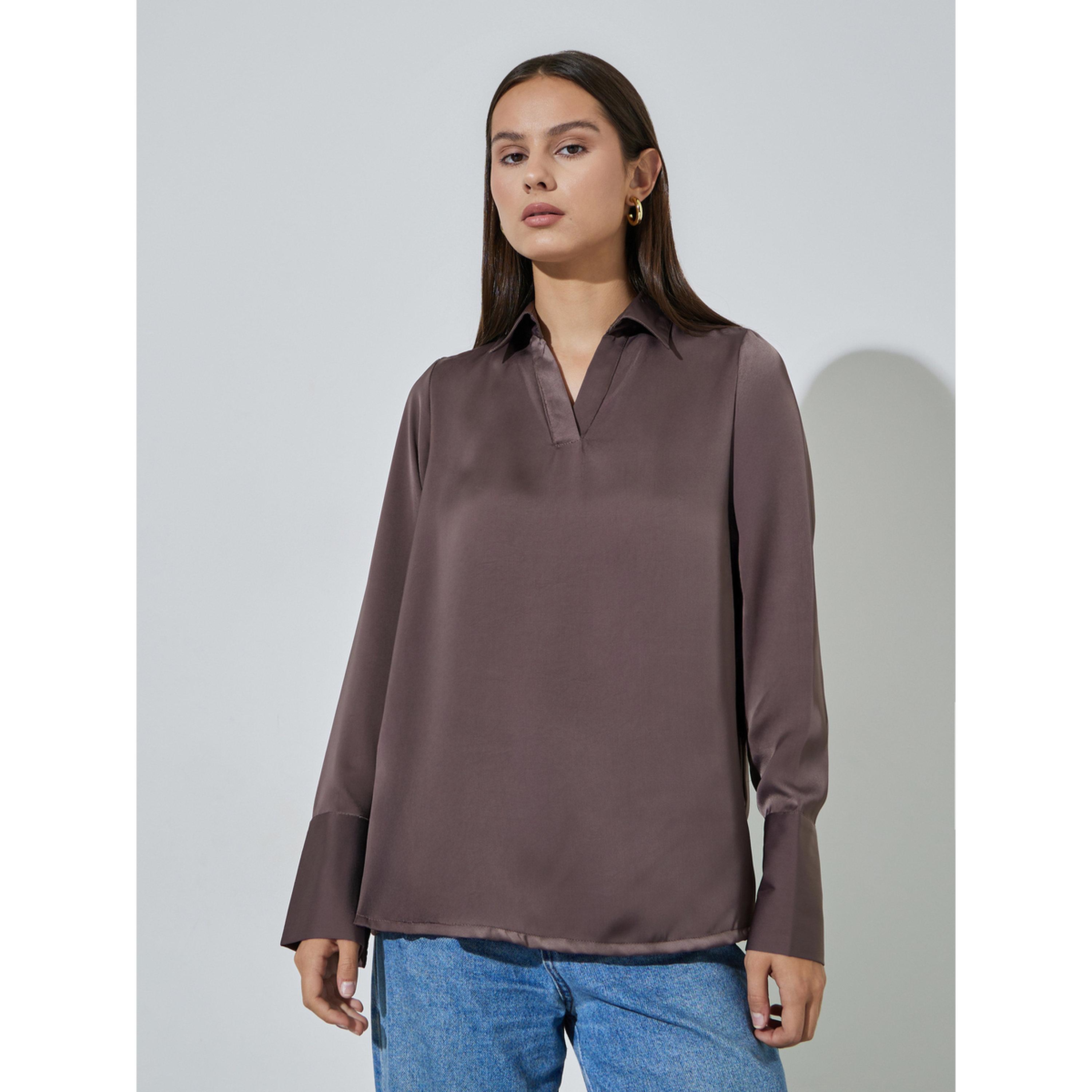 Styli Brown Solid Long Sleeves Collared V-Neck Blouse-women-clothing-shirtsandblouses-blouses-image-1