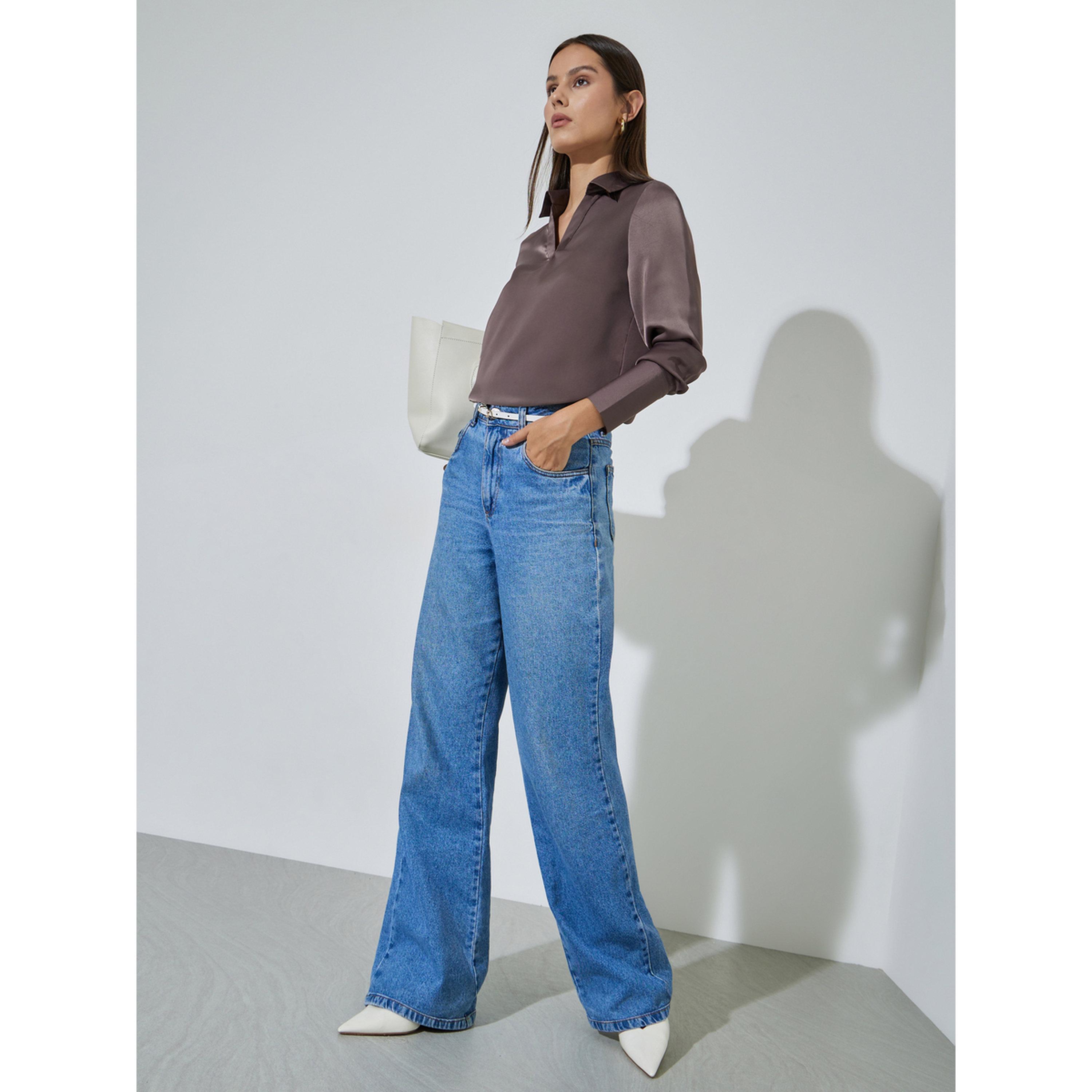 Styli Brown Solid Long Sleeves Collared V-Neck Blouse-women-clothing-shirtsandblouses-blouses-image-2