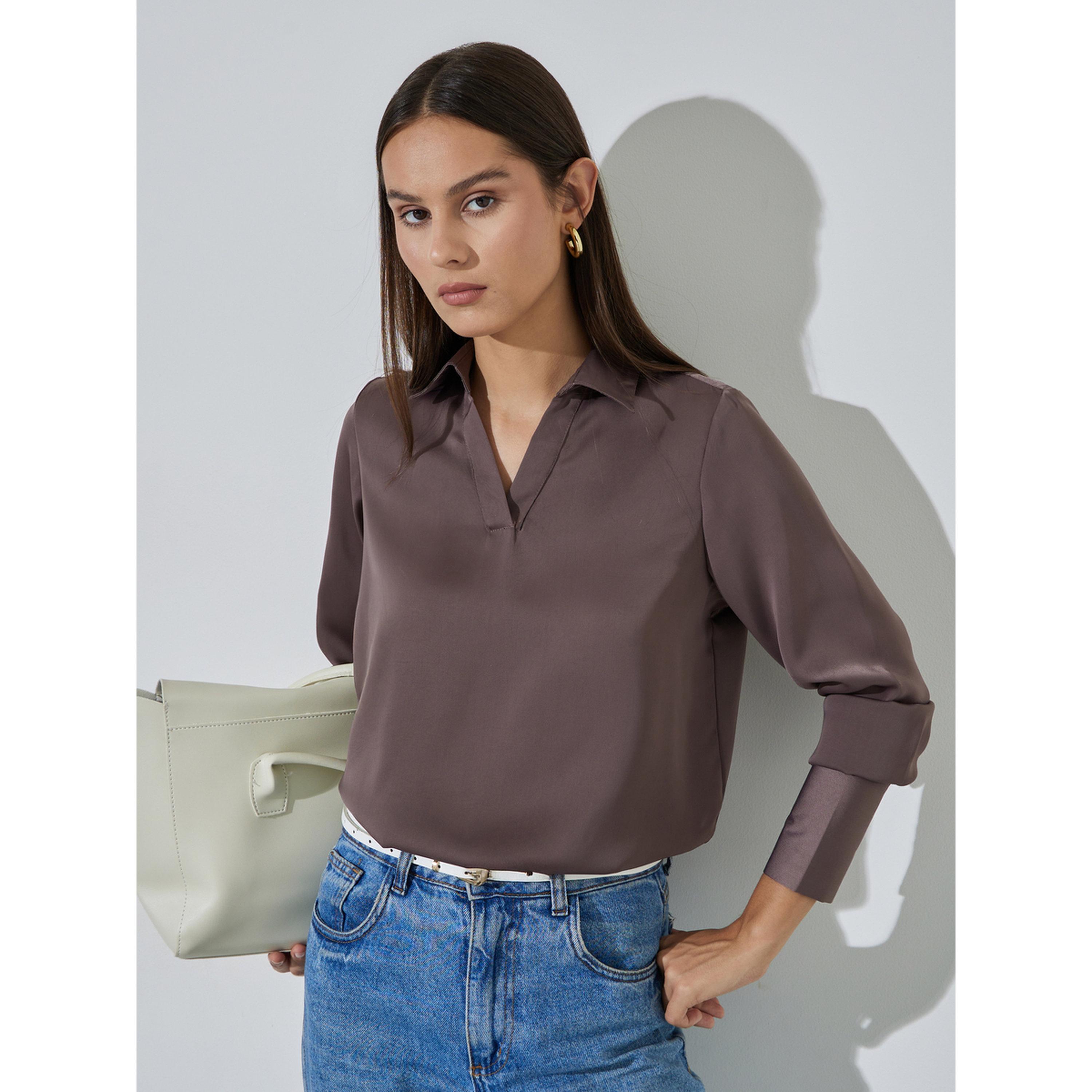Styli Brown Solid Long Sleeves Collared V-Neck Blouse-women-clothing-shirtsandblouses-blouses-image-3