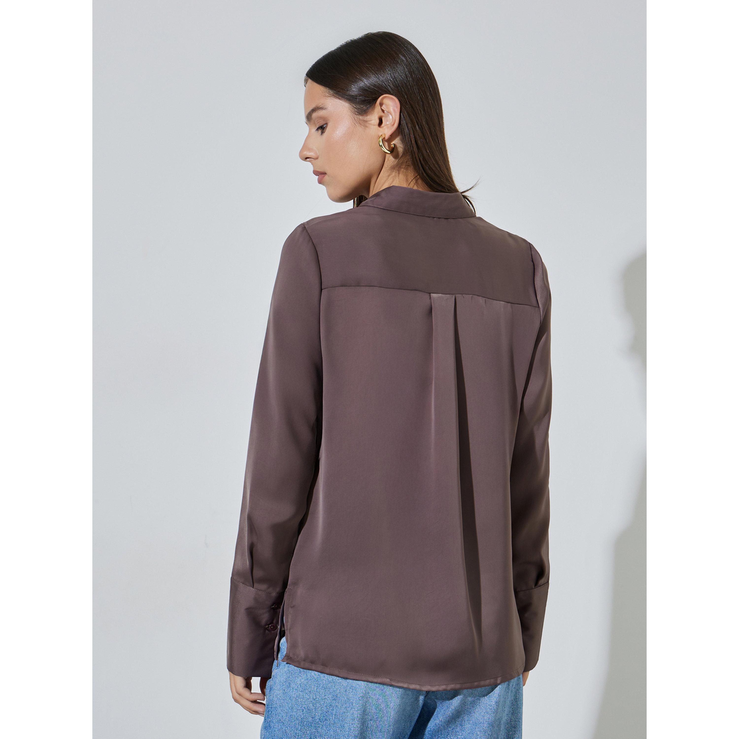 Styli Brown Solid Long Sleeves Collared V-Neck Blouse-women-clothing-shirtsandblouses-blouses-image-4