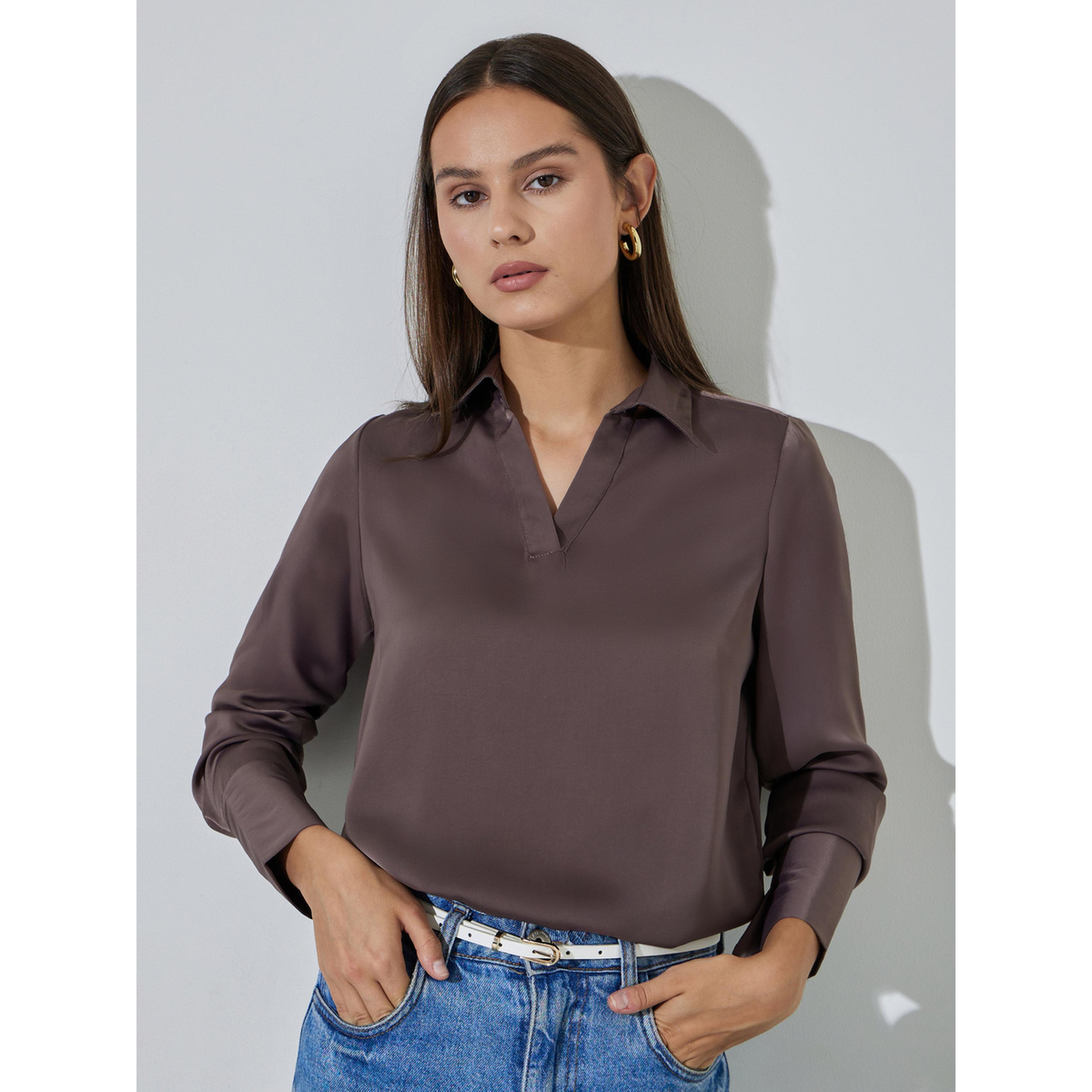 Styli Brown Solid Long Sleeves Collared V-Neck Blouse-women-clothing-shirtsandblouses-blouses-image-5