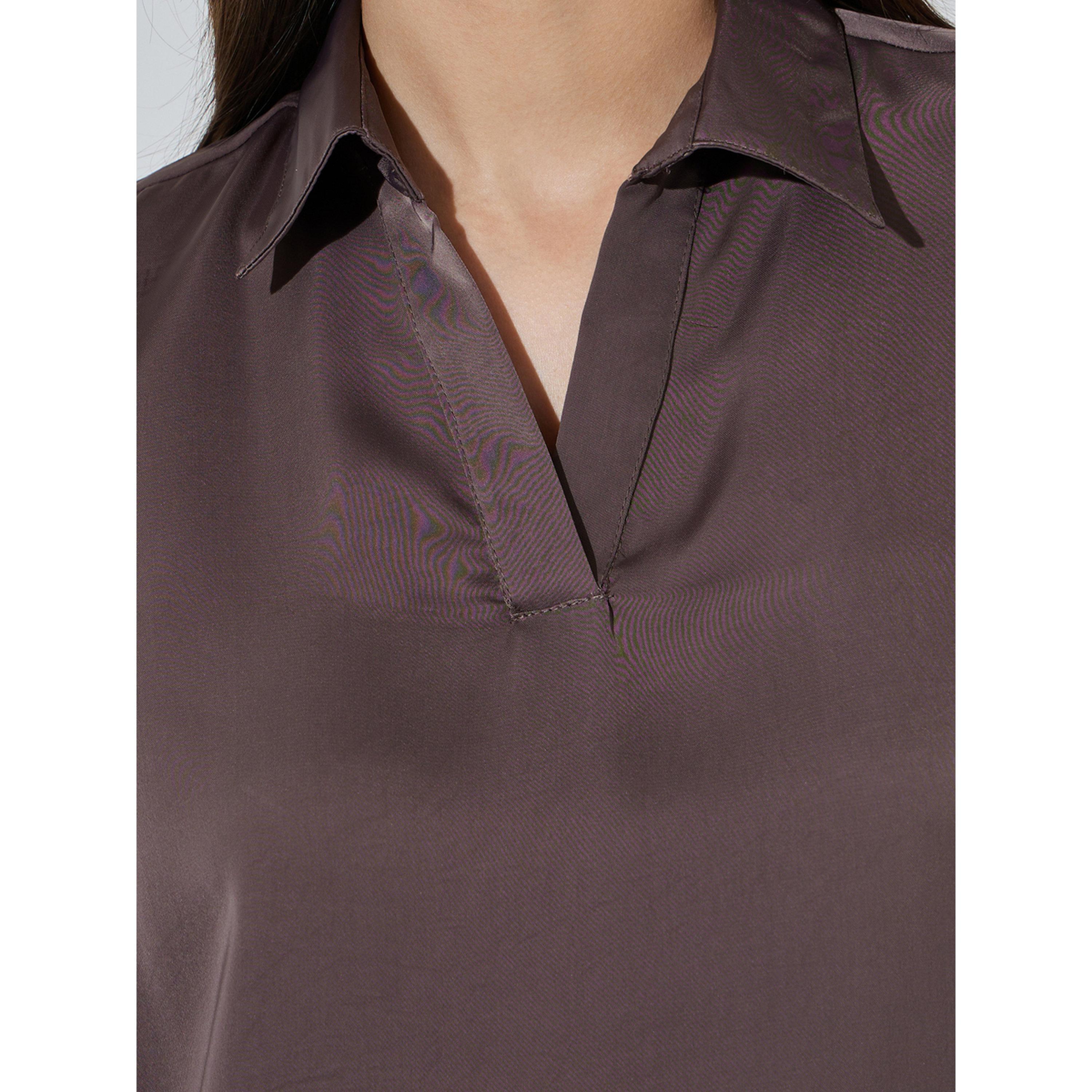 Styli Brown Solid Long Sleeves Collared V-Neck Blouse-women-clothing-shirtsandblouses-blouses-image-6