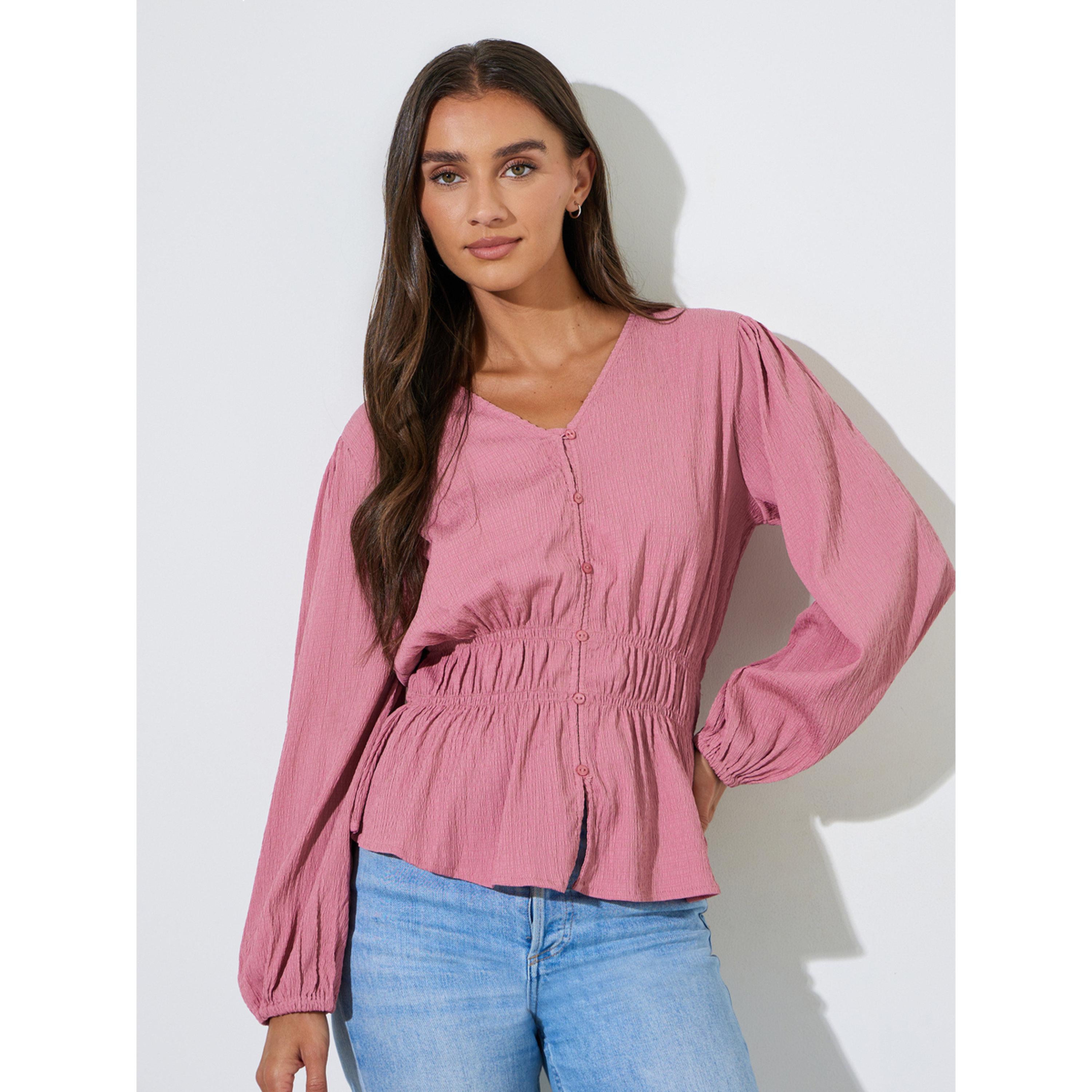Styli Pink Solid Smoked Waist V-Neck Long Sleeves Blouse-women-clothing-shirtsandblouses-blouses-image-1