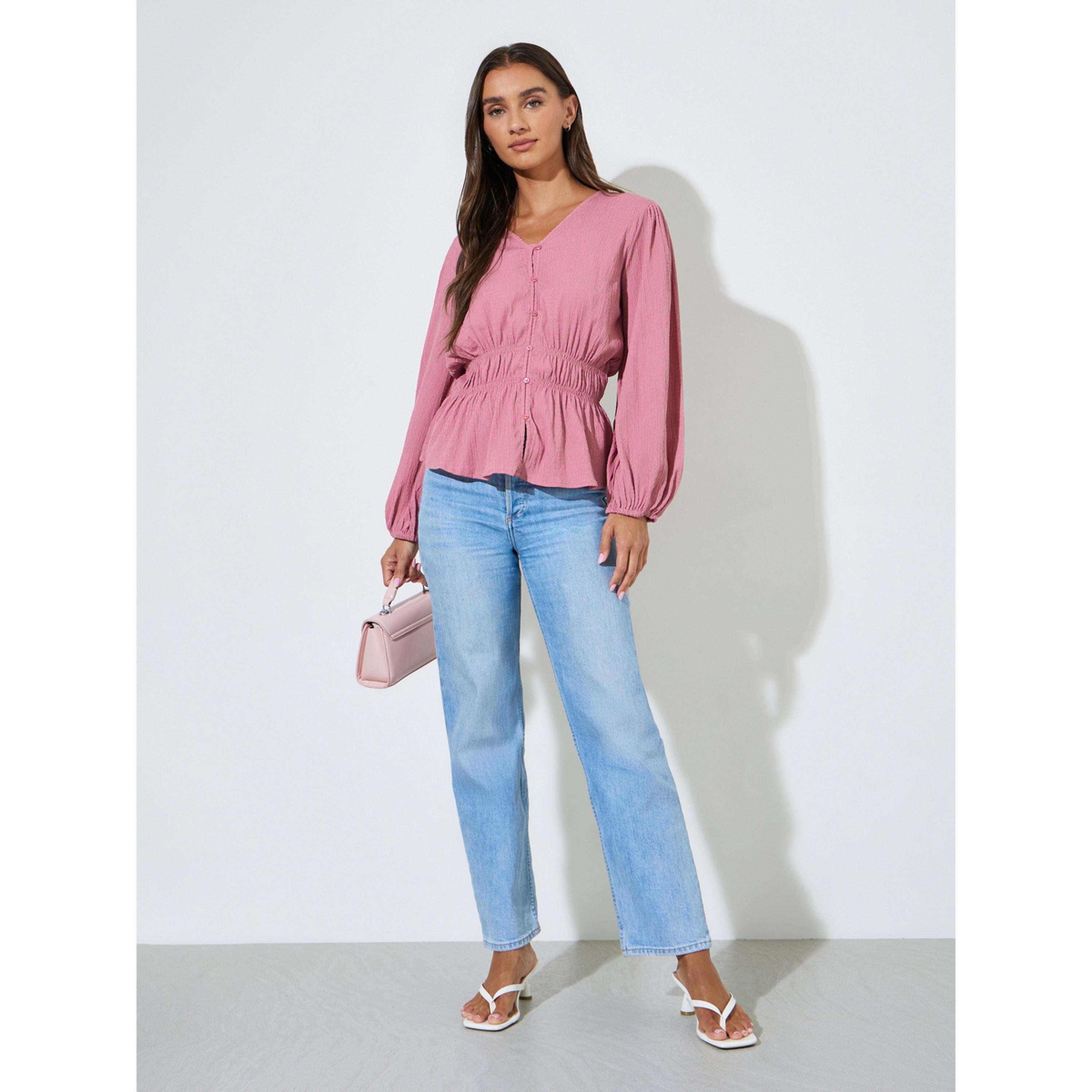 Styli Pink Solid Smoked Waist V-Neck Long Sleeves Blouse-women-clothing-shirtsandblouses-blouses-image-2