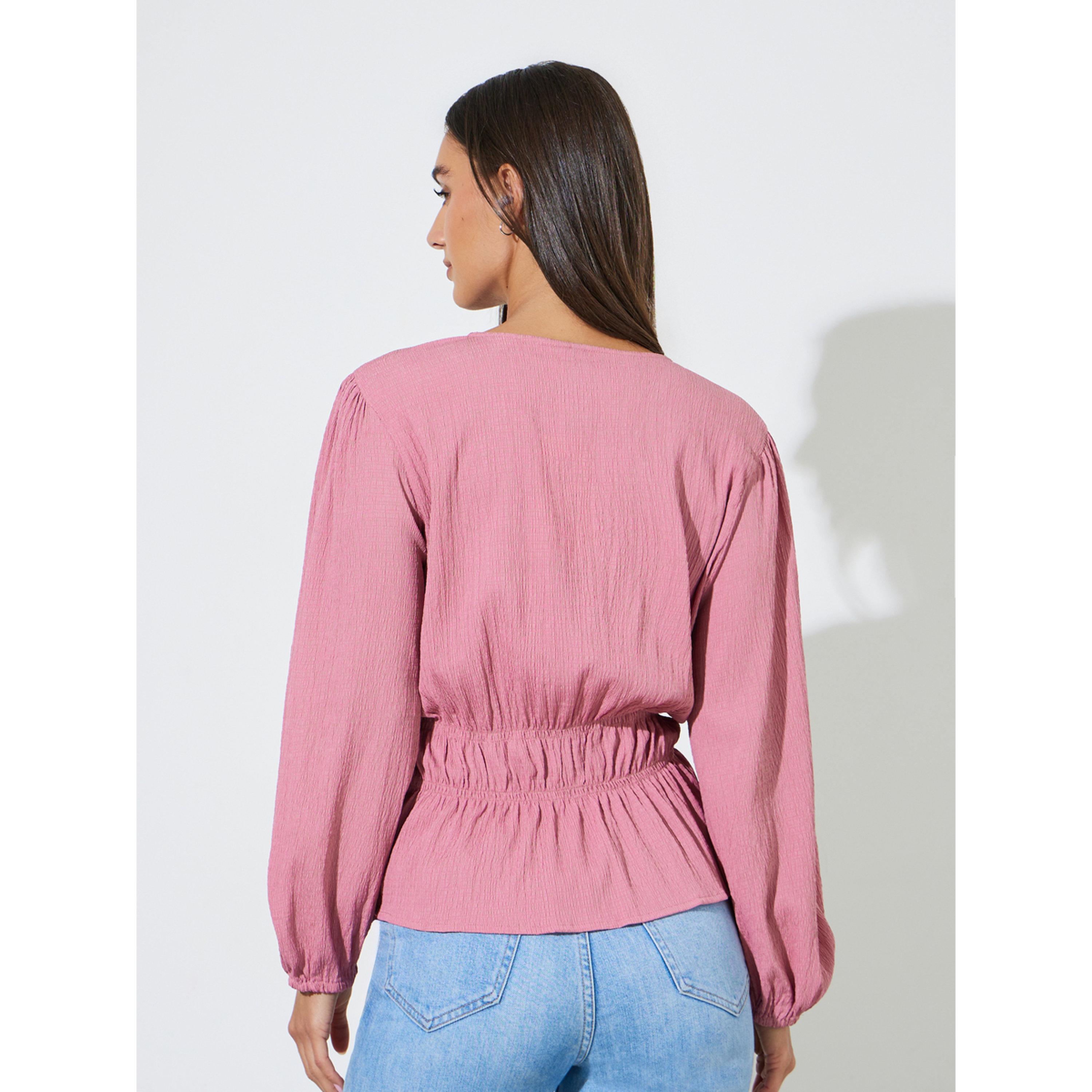 Styli Pink Solid Smoked Waist V-Neck Long Sleeves Blouse-women-clothing-shirtsandblouses-blouses-image-3
