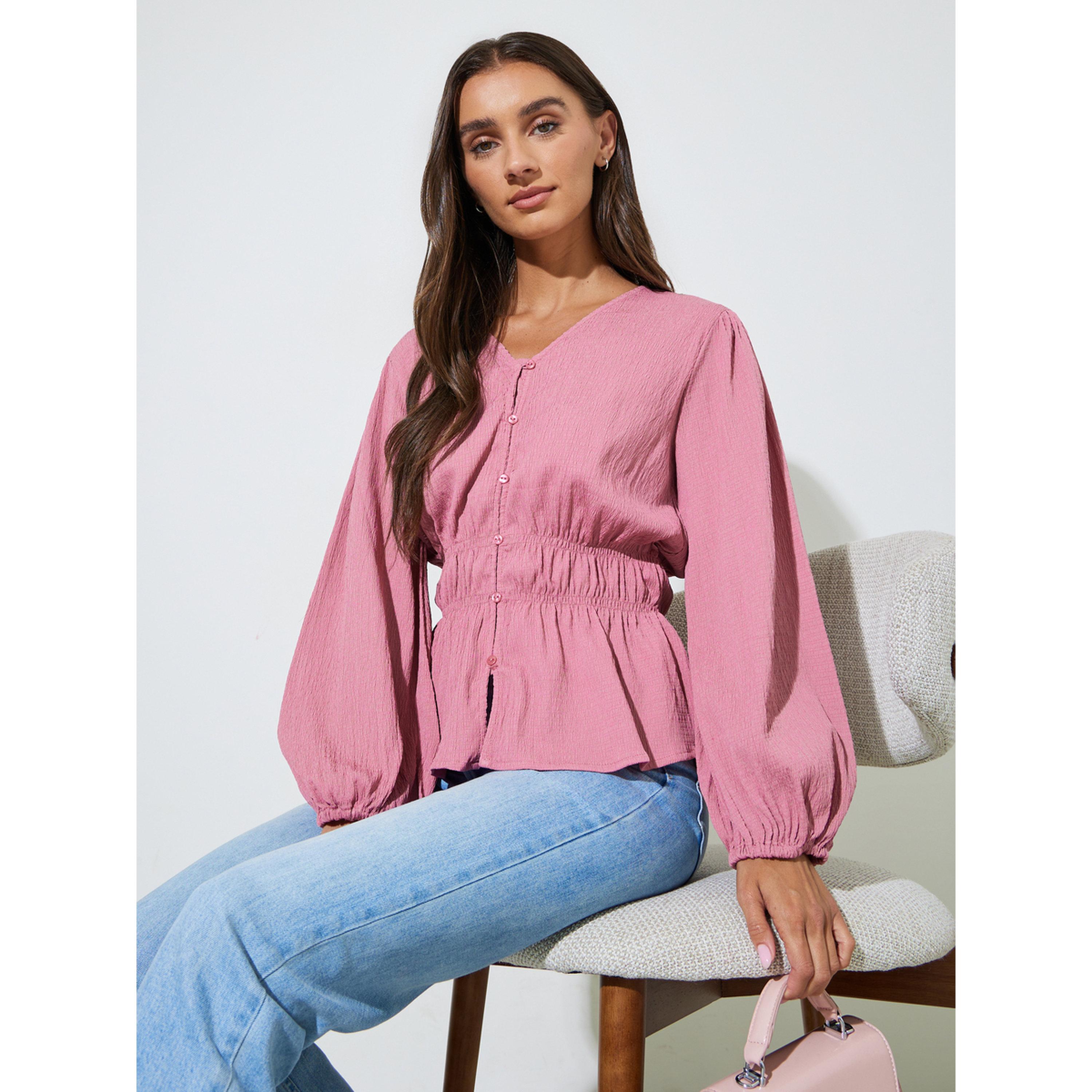 Styli Pink Solid Smoked Waist V-Neck Long Sleeves Blouse-women-clothing-shirtsandblouses-blouses-image-4