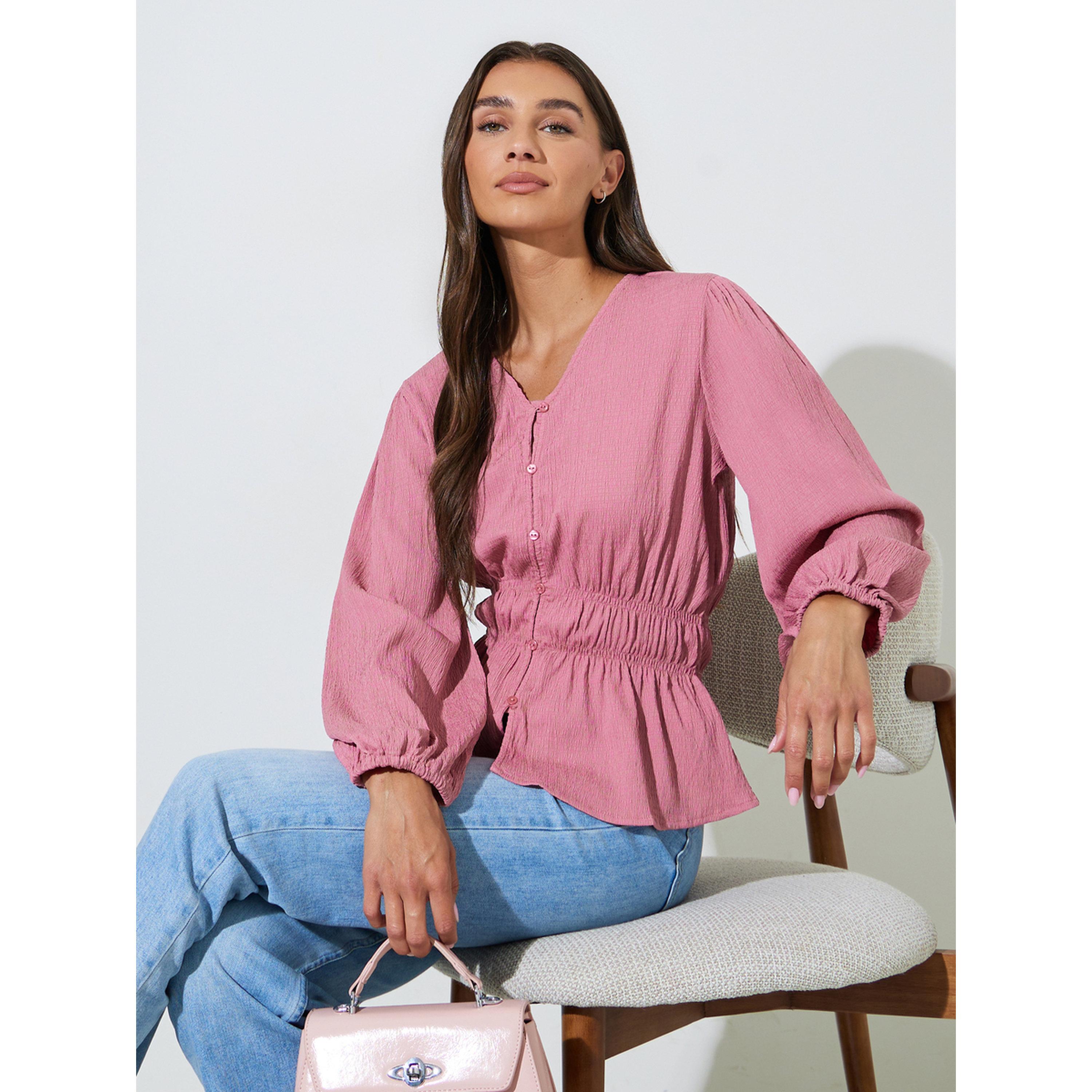 Styli Pink Solid Smoked Waist V-Neck Long Sleeves Blouse-women-clothing-shirtsandblouses-blouses-image-5