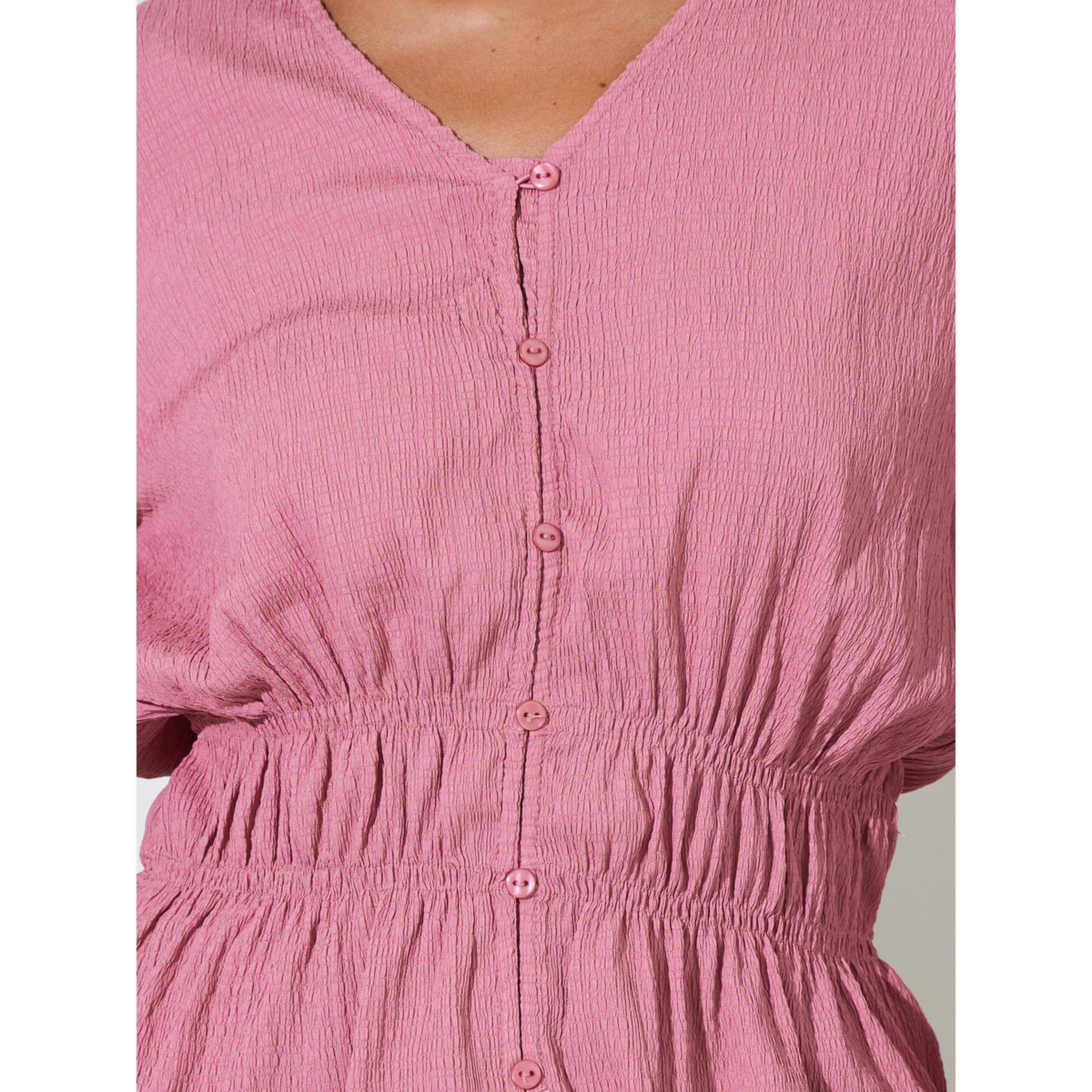 Styli Pink Solid Smoked Waist V-Neck Long Sleeves Blouse-women-clothing-shirtsandblouses-blouses-image-6