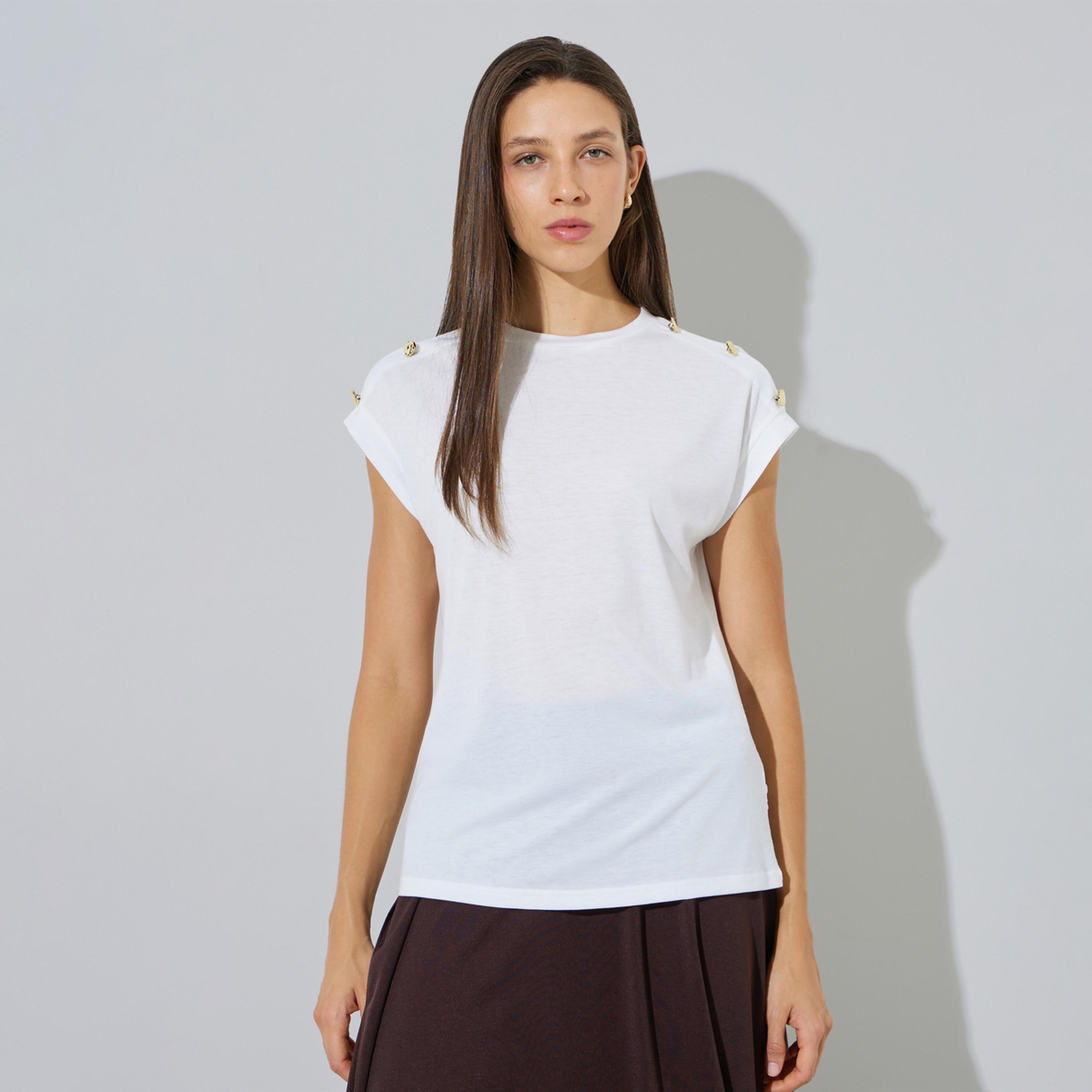 Styli White Plain Shoulder Button Detail Regular Fit T-Shirt-women-clothing-tshirts-image-1