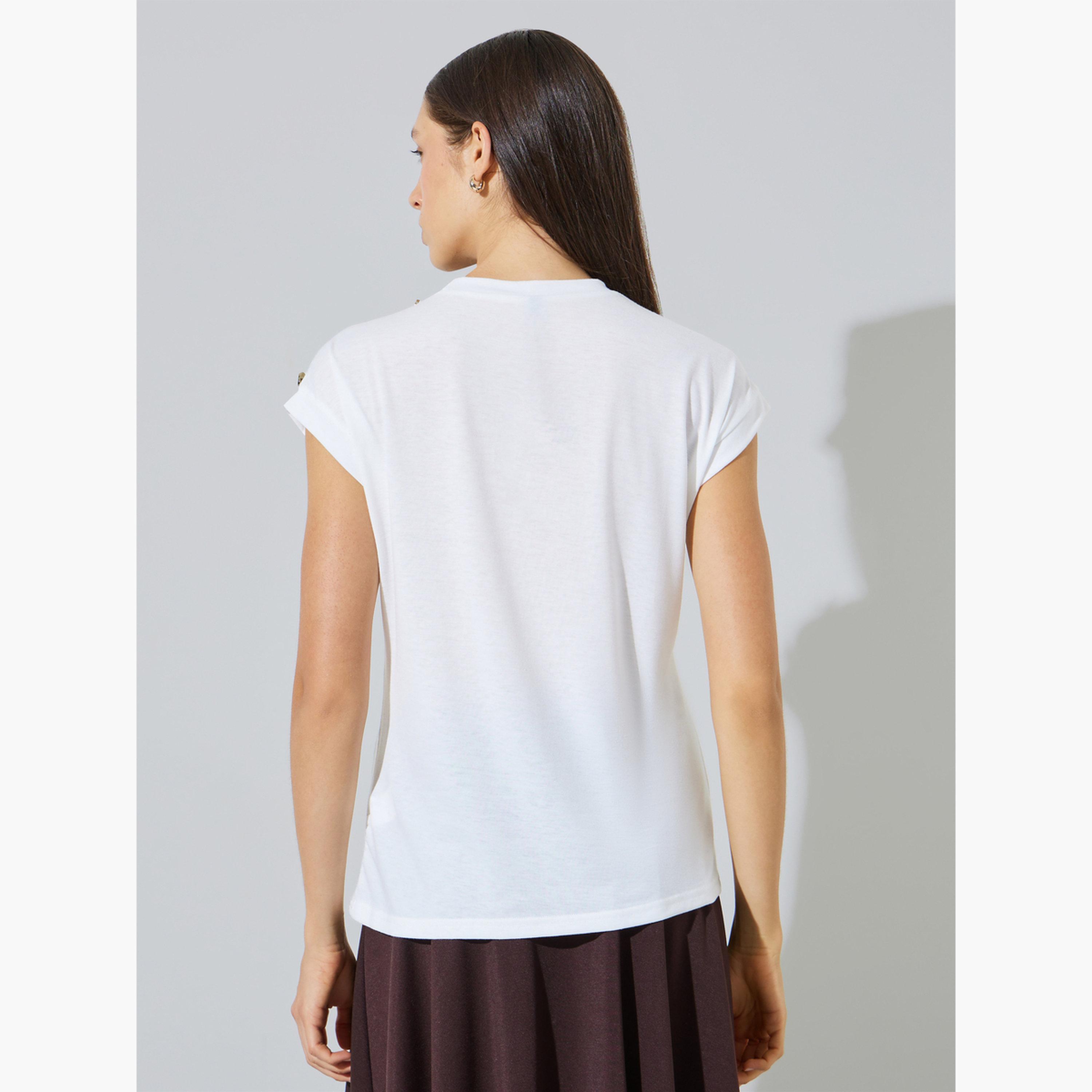 Styli White Plain Shoulder Button Detail Regular Fit T-Shirt-women-clothing-tshirts-image-5