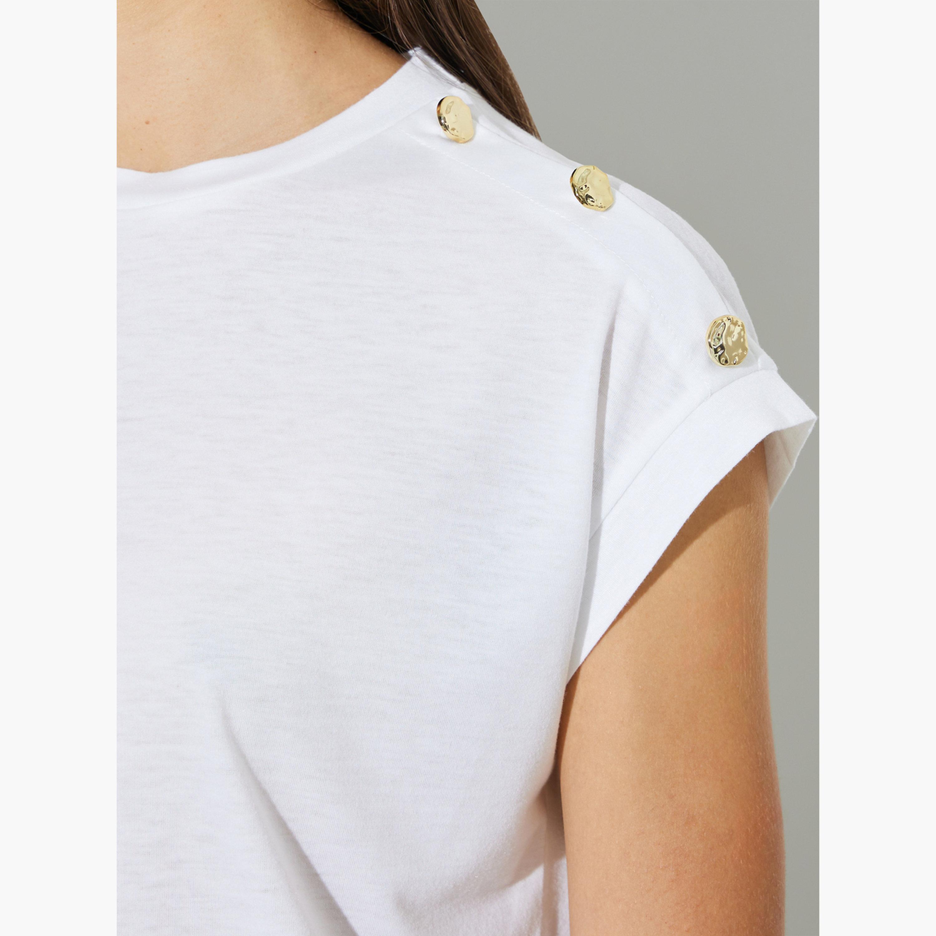 Styli White Plain Shoulder Button Detail Regular Fit T-Shirt-women-clothing-tshirts-image-6