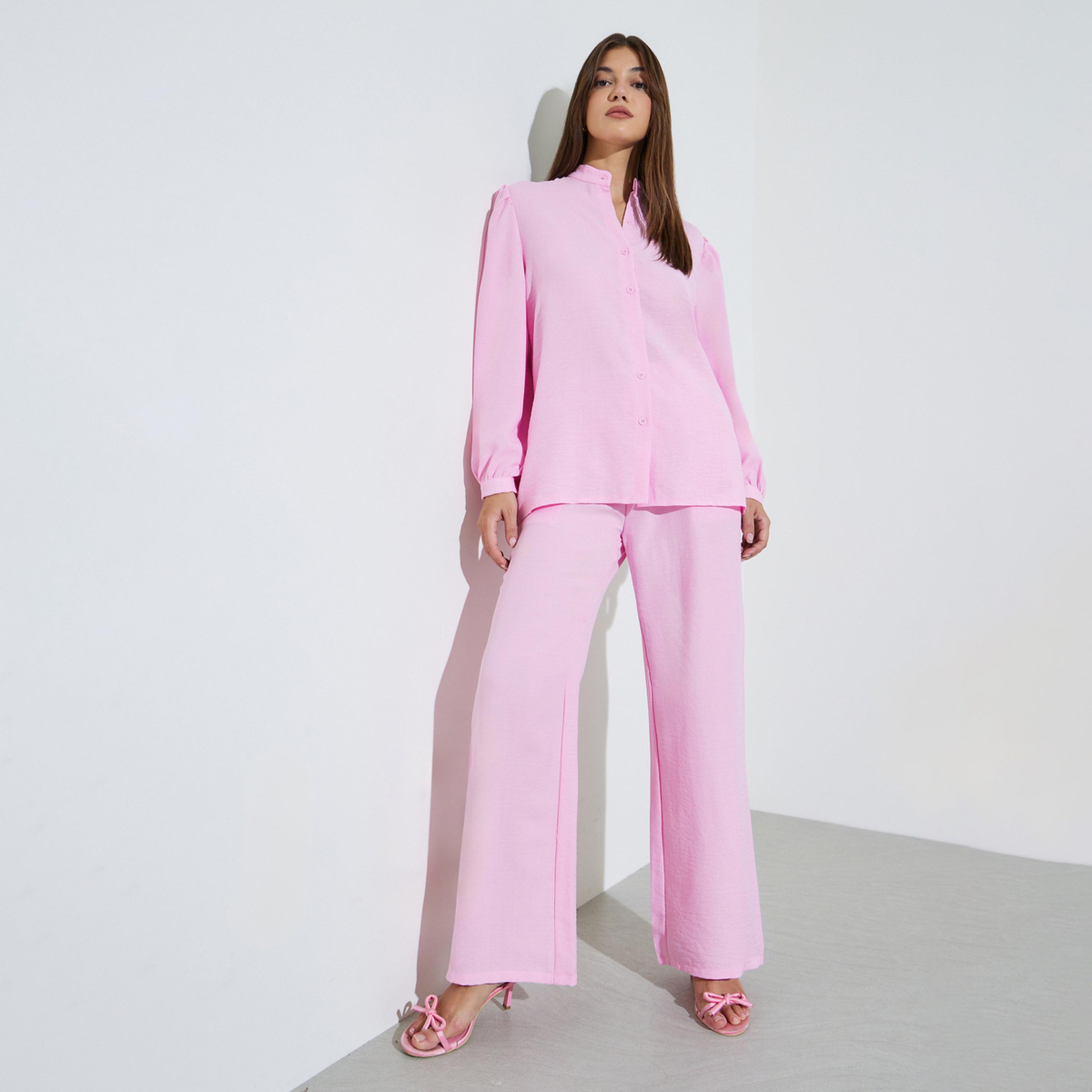 Styli Pink Longline Shirt and Wide Leg Pants Co-Ord Set-women-clothing-coordsets-image-1