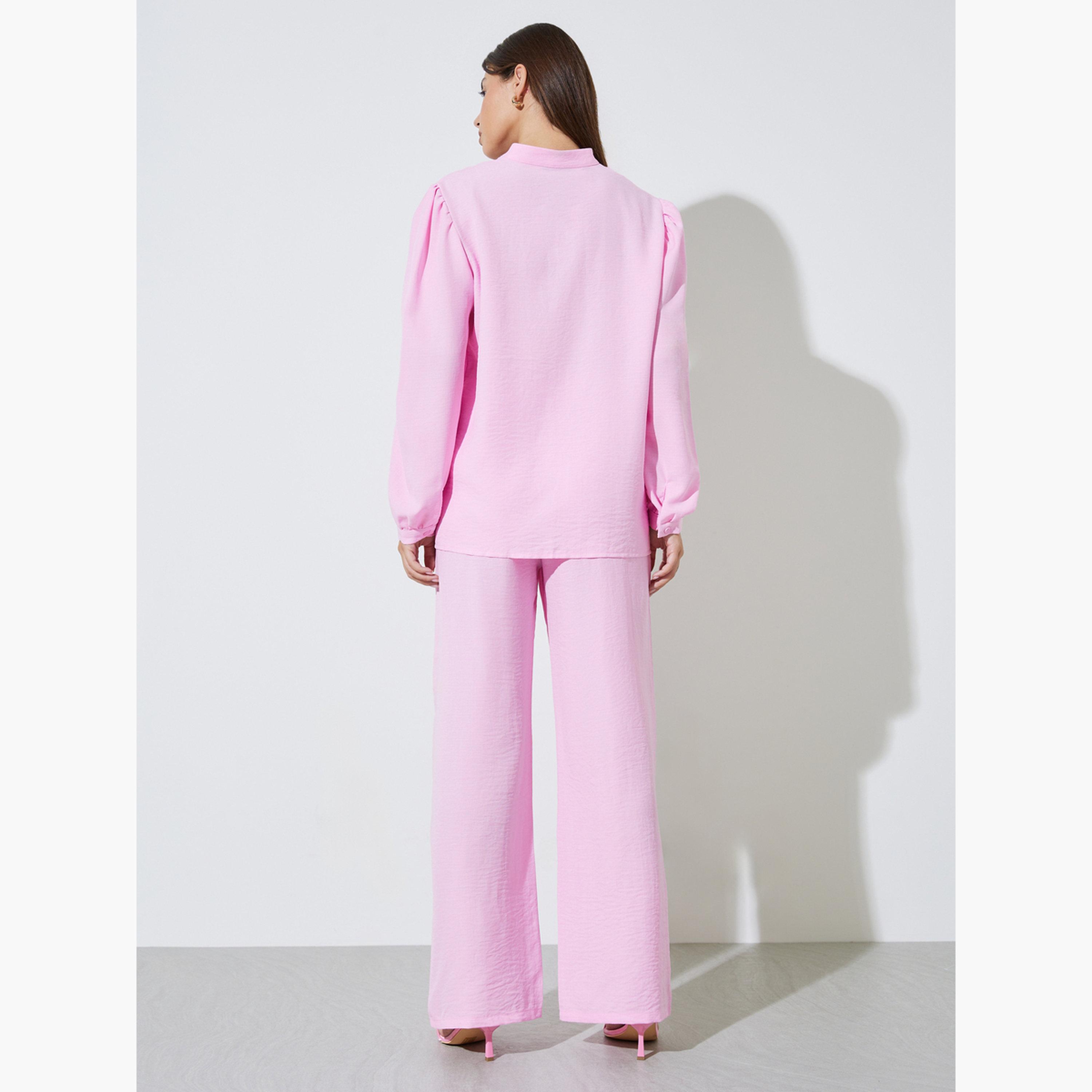 Styli Pink Longline Shirt and Wide Leg Pants Co-Ord Set-women-clothing-coordsets-image-3
