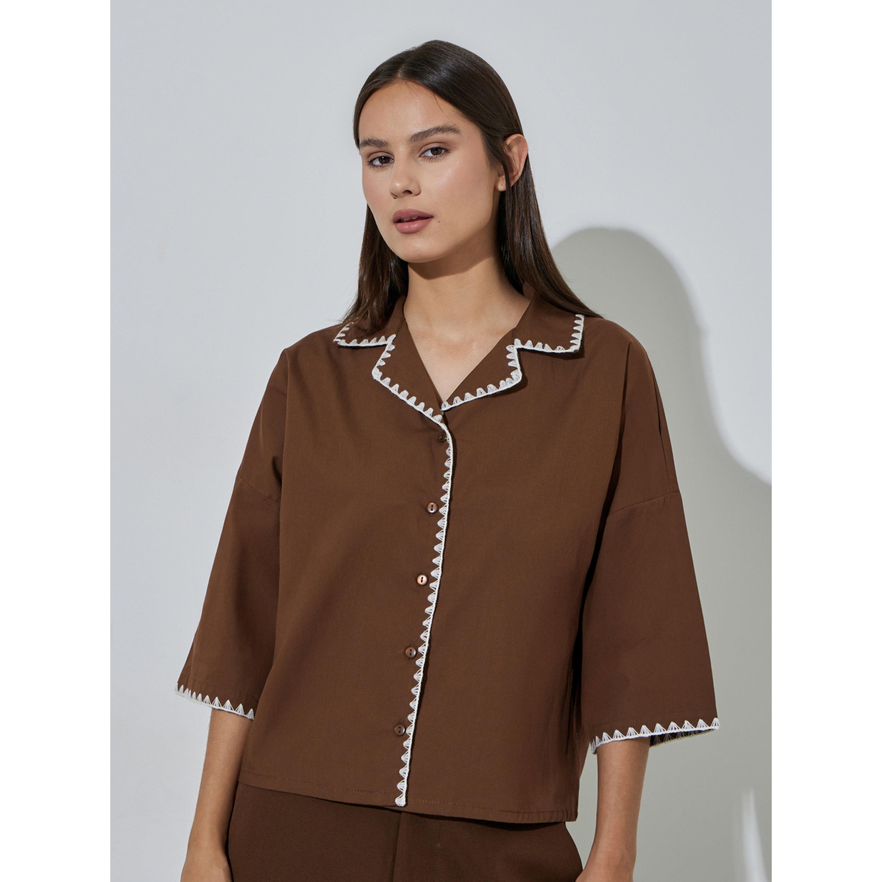 Styli Brown Contrast Stitching 3/4 Flared Sleeves Shirt-women-clothing-shirtsandblouses-shirts-image-1