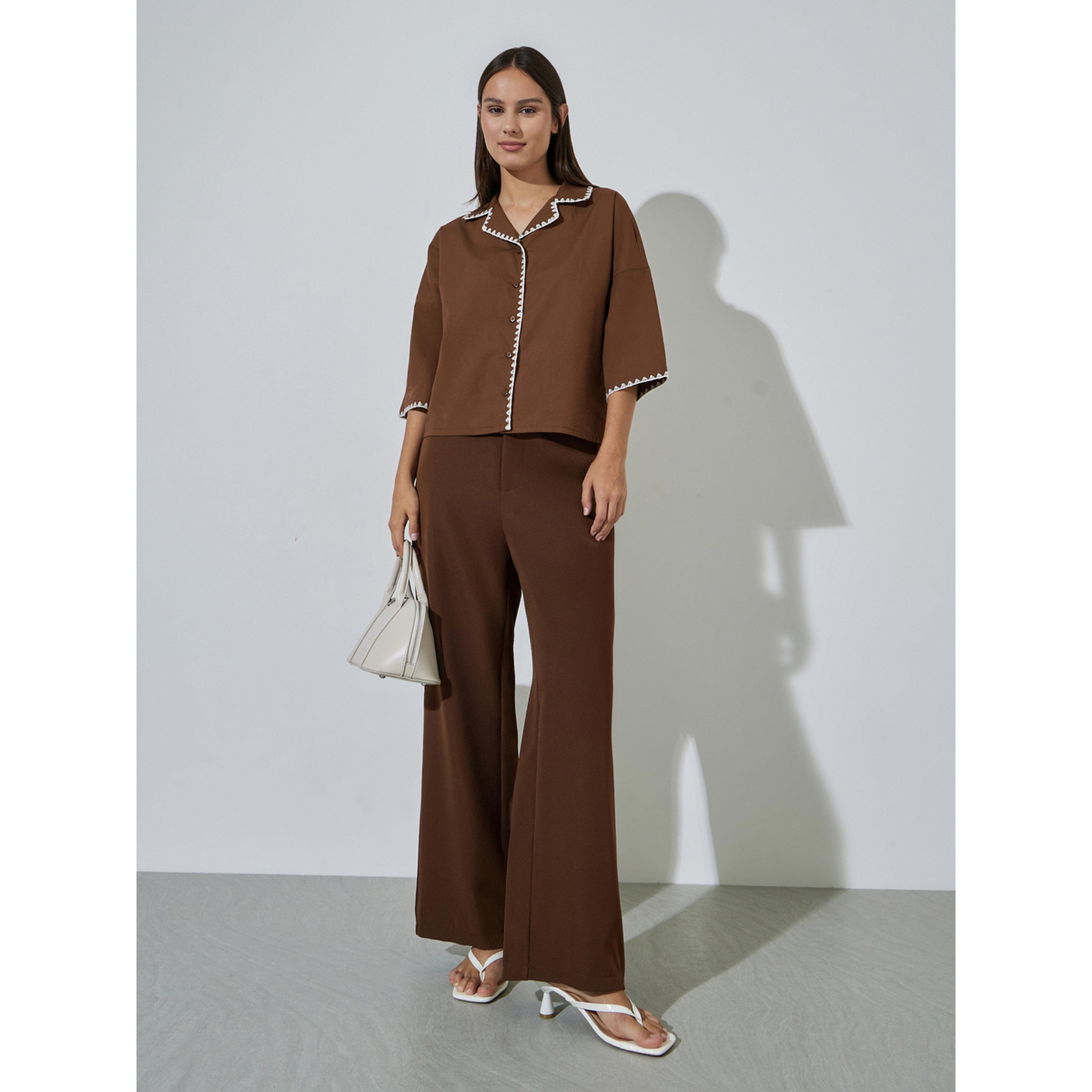 Styli Brown Contrast Stitching 3/4 Flared Sleeves Shirt-women-clothing-shirtsandblouses-shirts-image-2