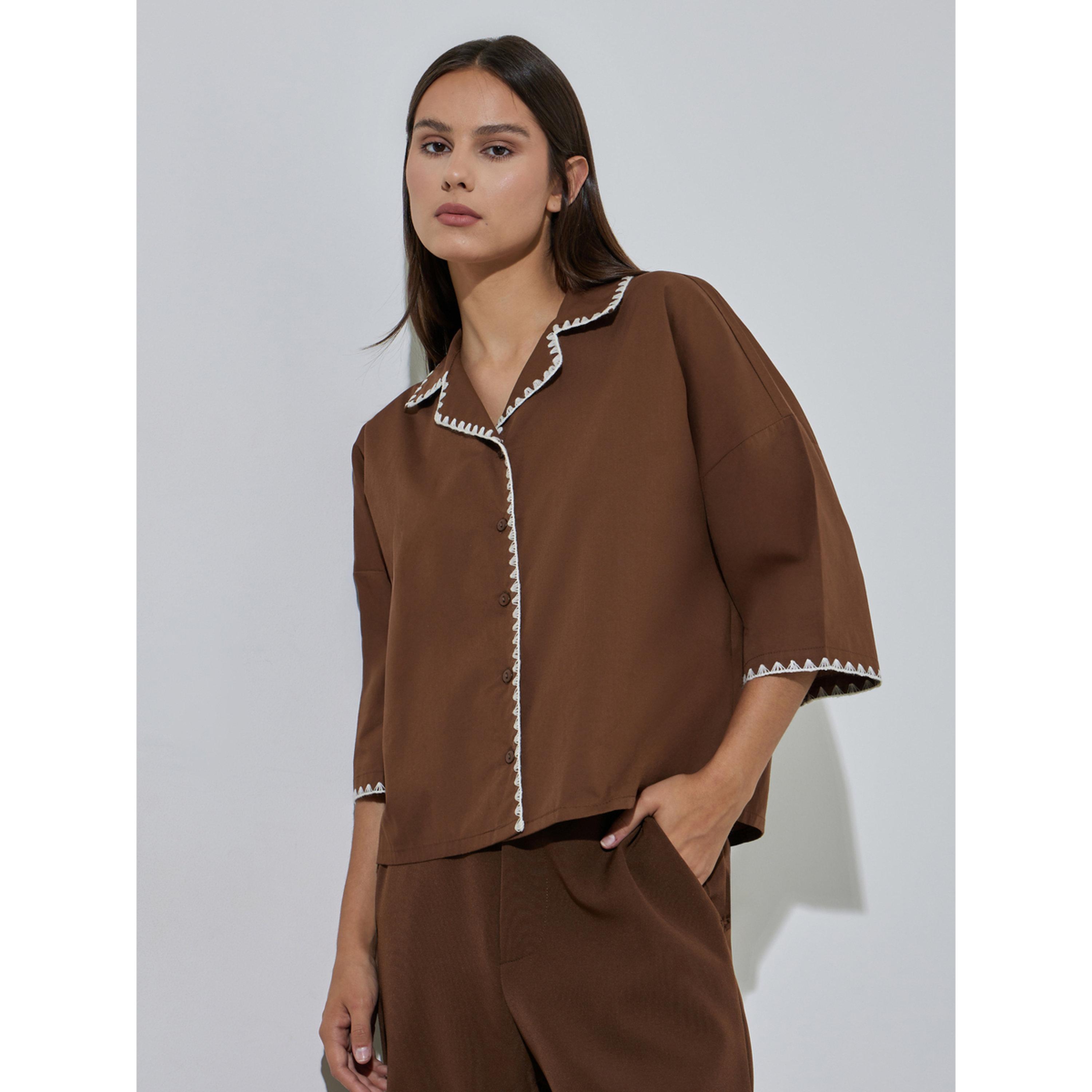 Styli Brown Contrast Stitching 3/4 Flared Sleeves Shirt-women-clothing-shirtsandblouses-shirts-image-3