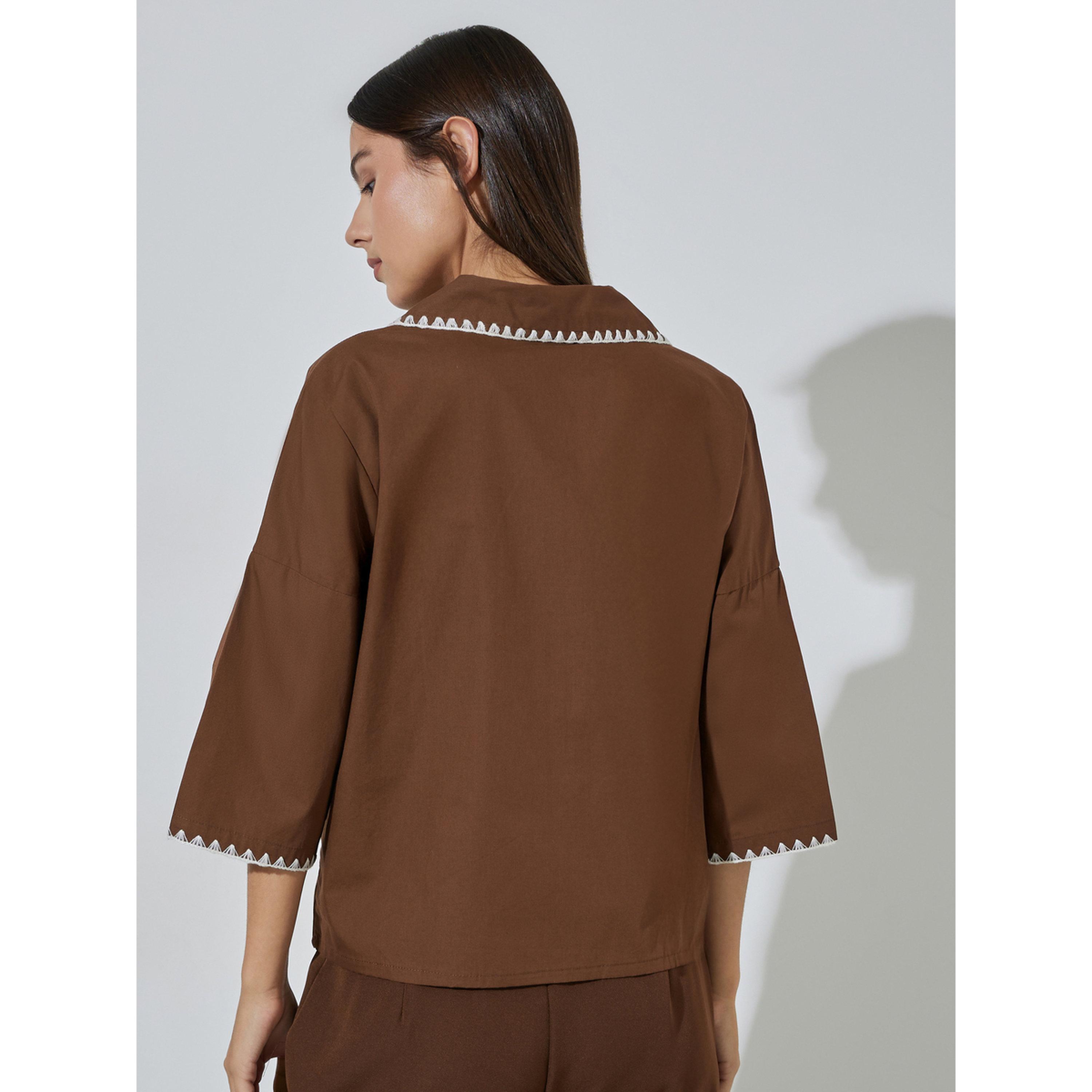 Styli Brown Contrast Stitching 3/4 Flared Sleeves Shirt-women-clothing-shirtsandblouses-shirts-image-4