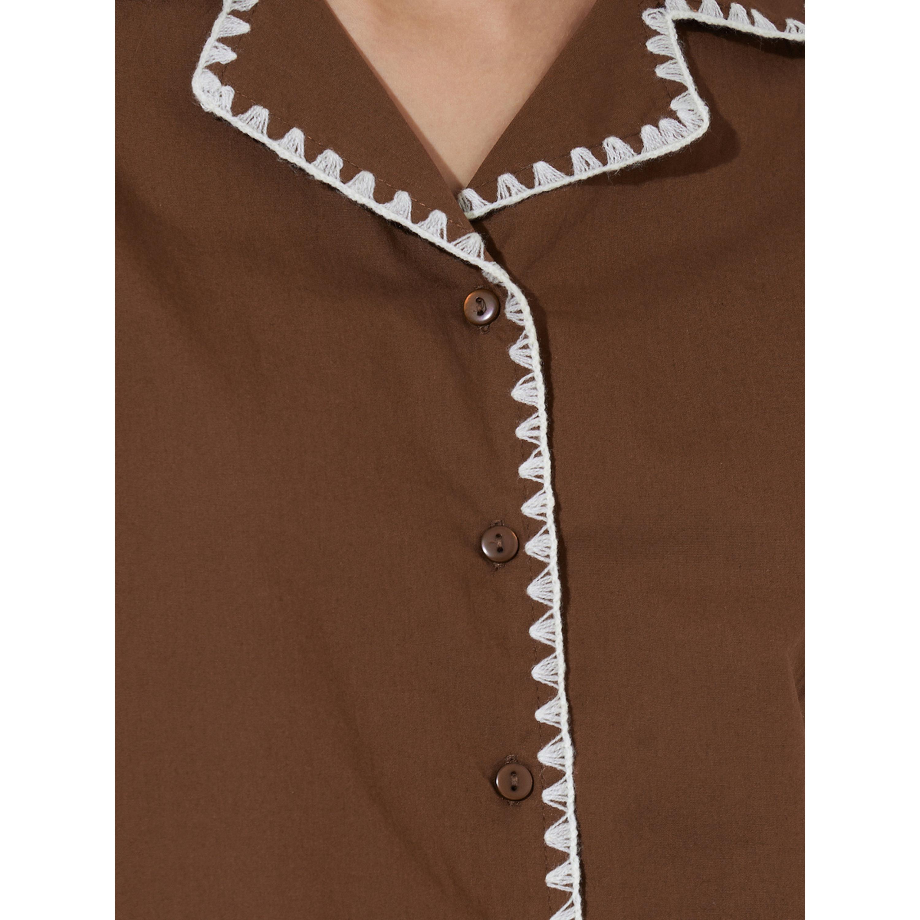 Styli Brown Contrast Stitching 3/4 Flared Sleeves Shirt-women-clothing-shirtsandblouses-shirts-image-5