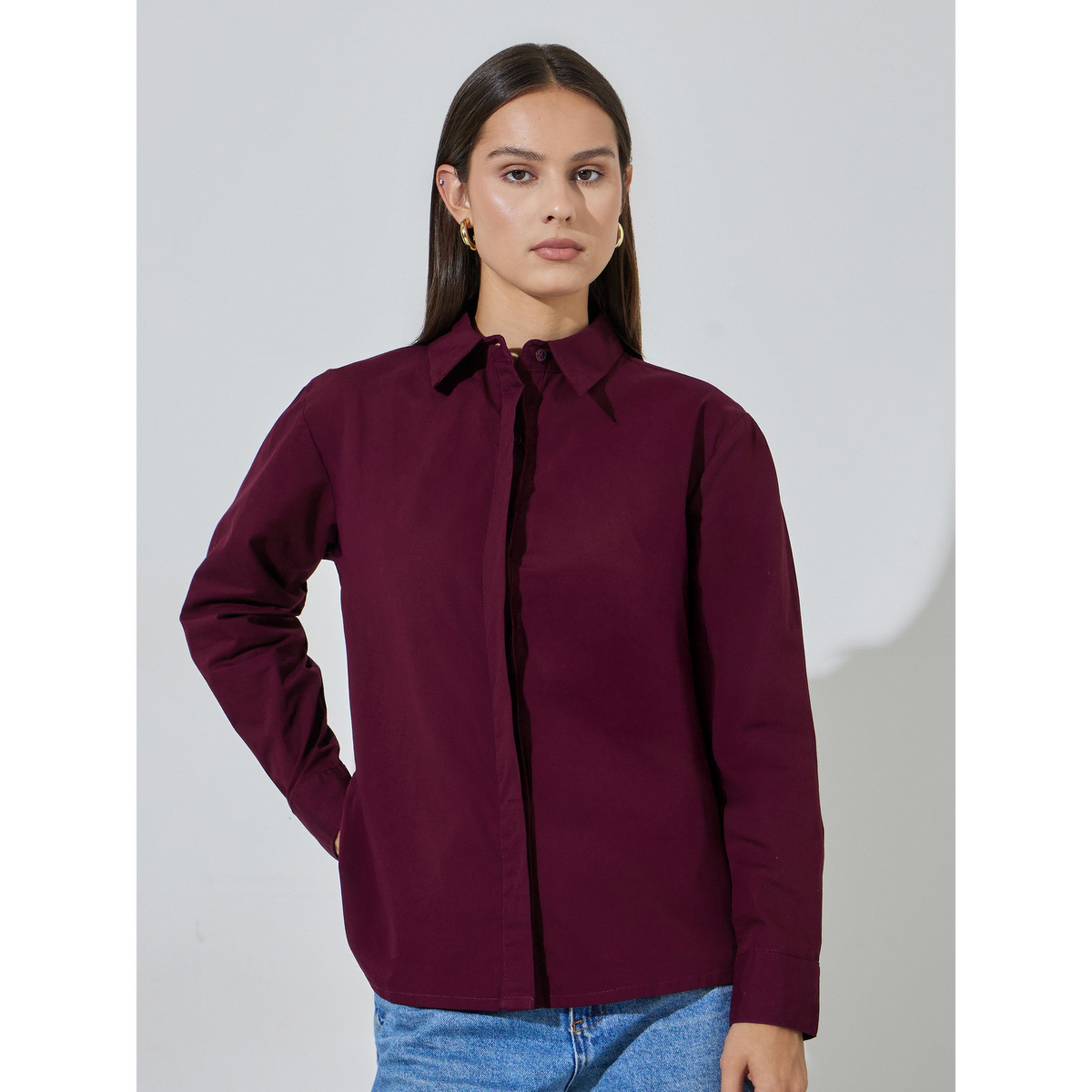Styli Burgundy Solid Long Sleeves Regular Fit Shirt-women-clothing-shirtsandblouses-shirts-image-1