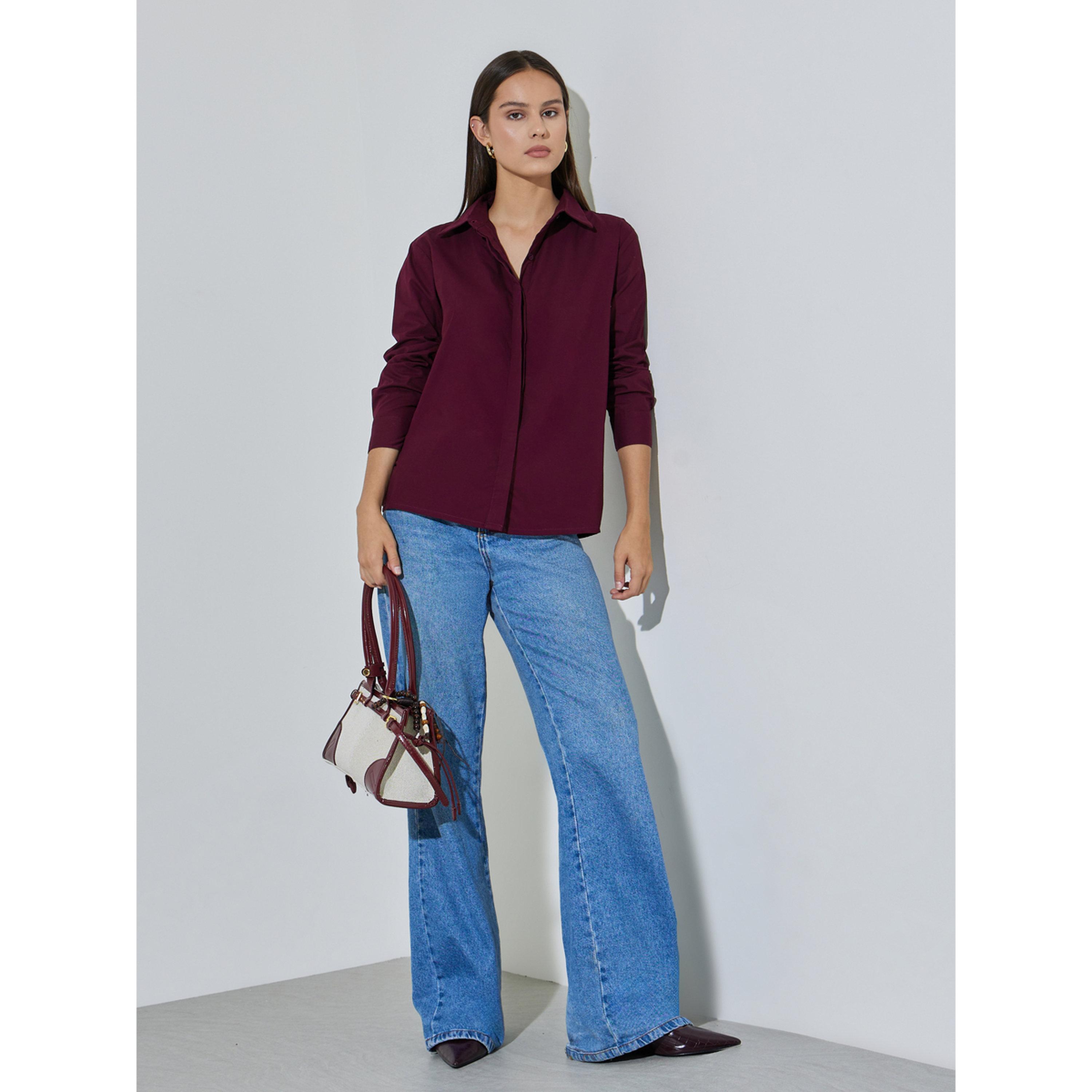 Styli Burgundy Solid Long Sleeves Regular Fit Shirt-women-clothing-shirtsandblouses-shirts-image-2