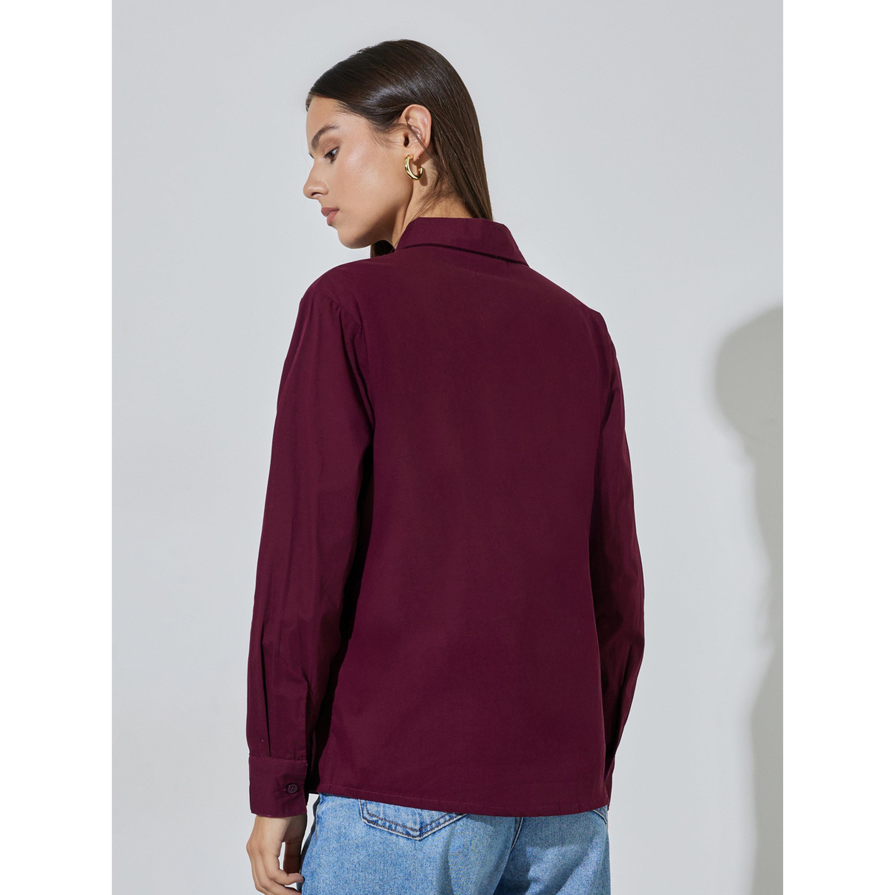 Styli Burgundy Solid Long Sleeves Regular Fit Shirt-women-clothing-shirtsandblouses-shirts-image-3