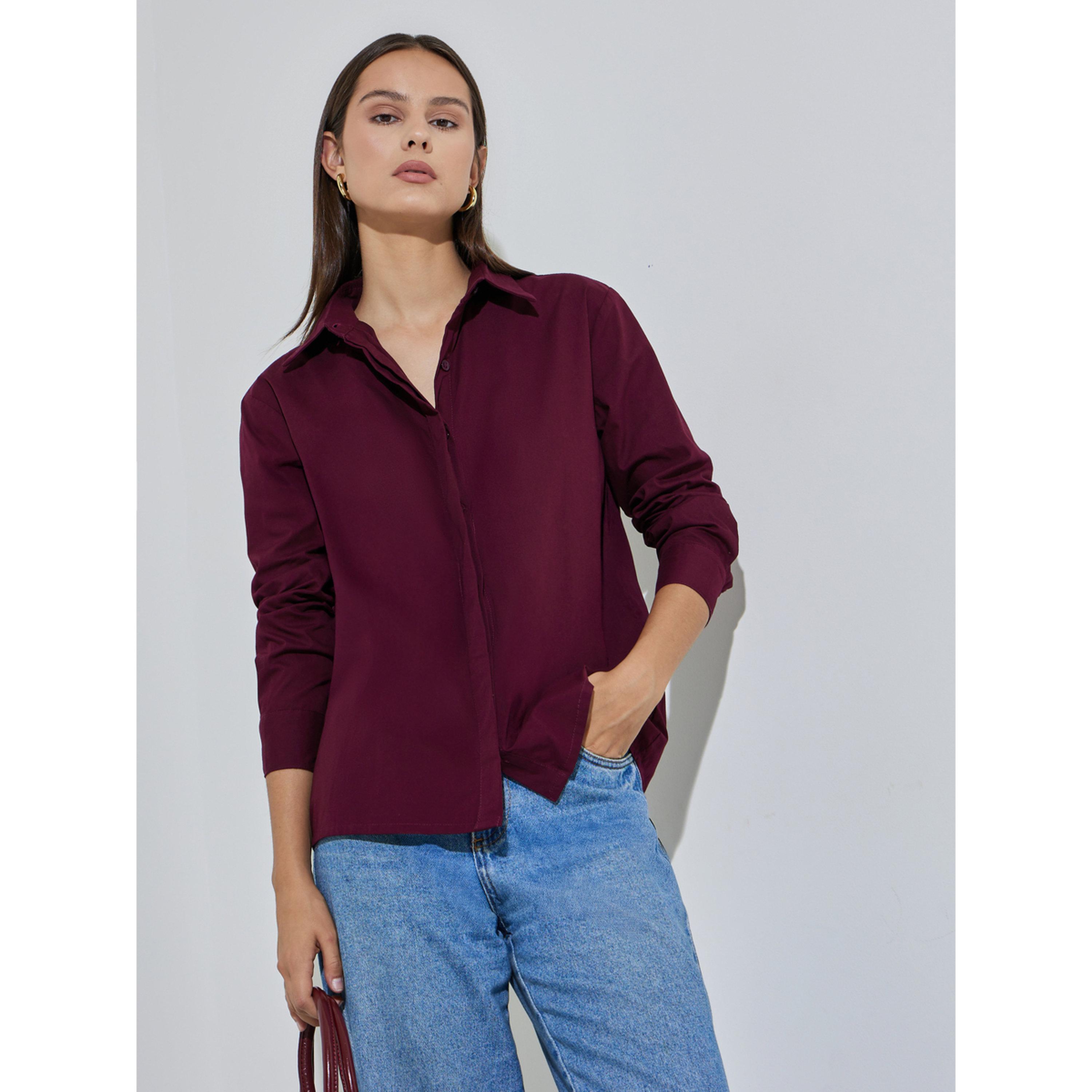 Styli Burgundy Solid Long Sleeves Regular Fit Shirt-women-clothing-shirtsandblouses-shirts-image-4