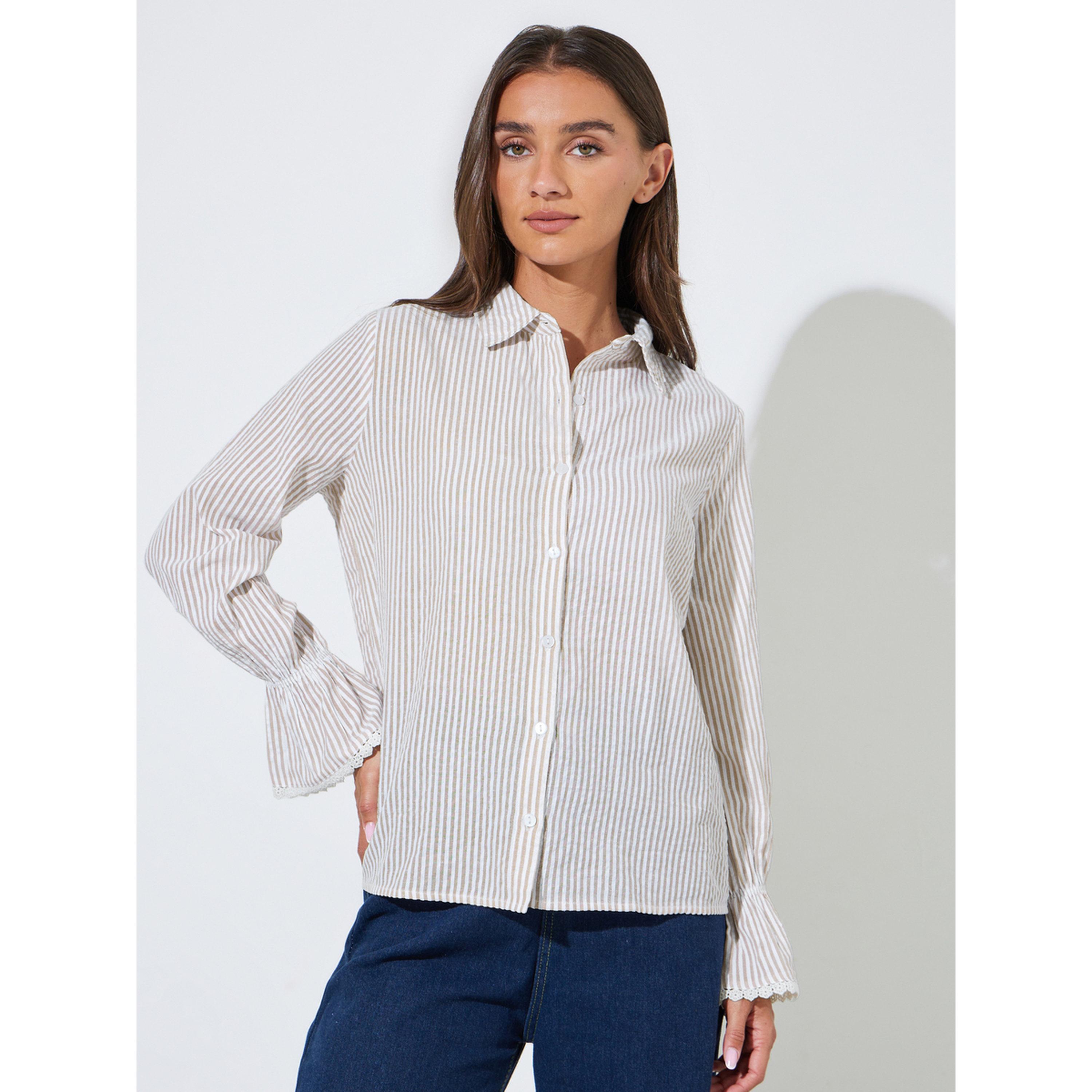 Styli Beige Striped Regular Fit Shirt with Lace Trims Long Cuffed Sleeves-women-clothing-shirtsandblouses-shirts-image-1