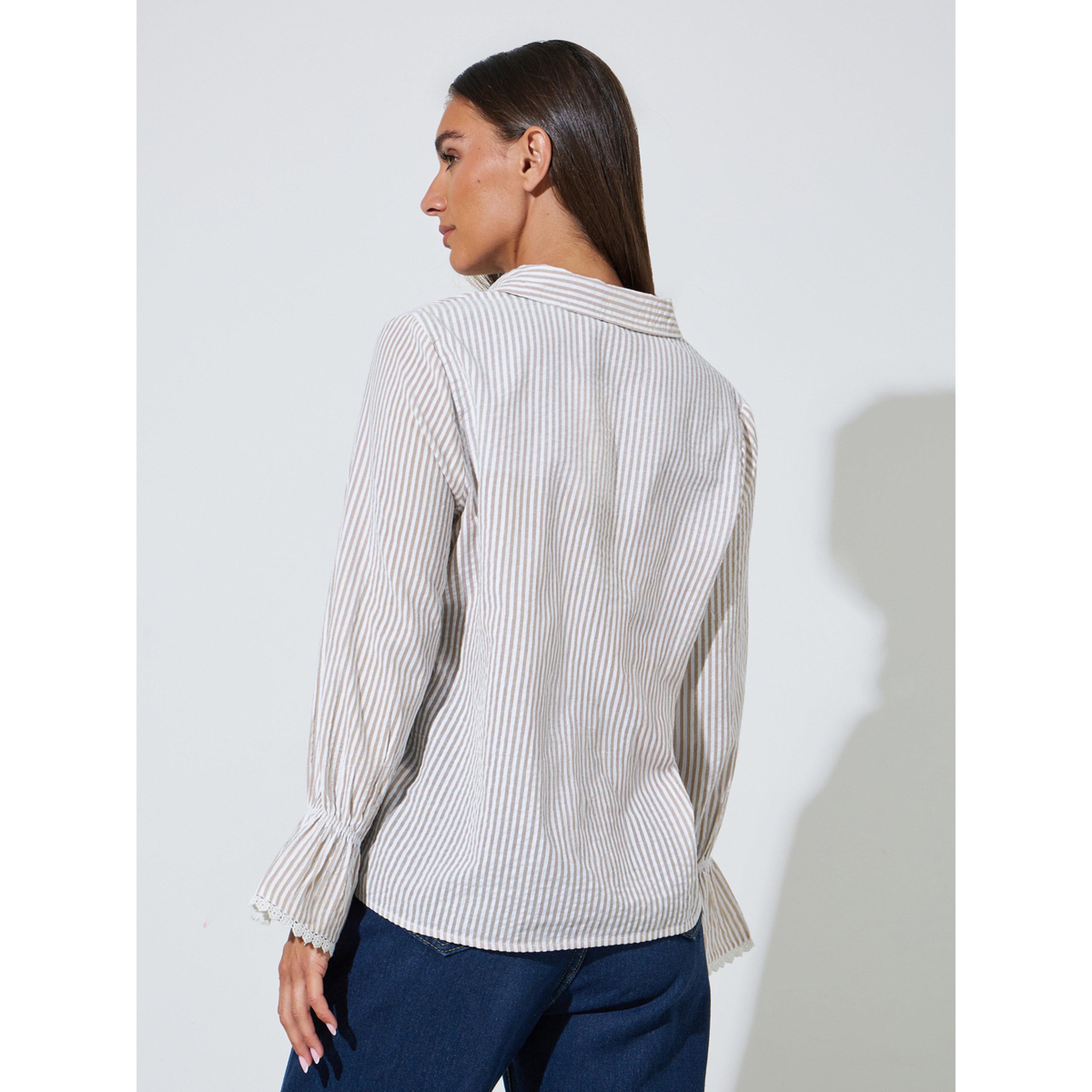 Styli Beige Striped Regular Fit Shirt with Lace Trims Long Cuffed Sleeves-women-clothing-shirtsandblouses-shirts-image-3